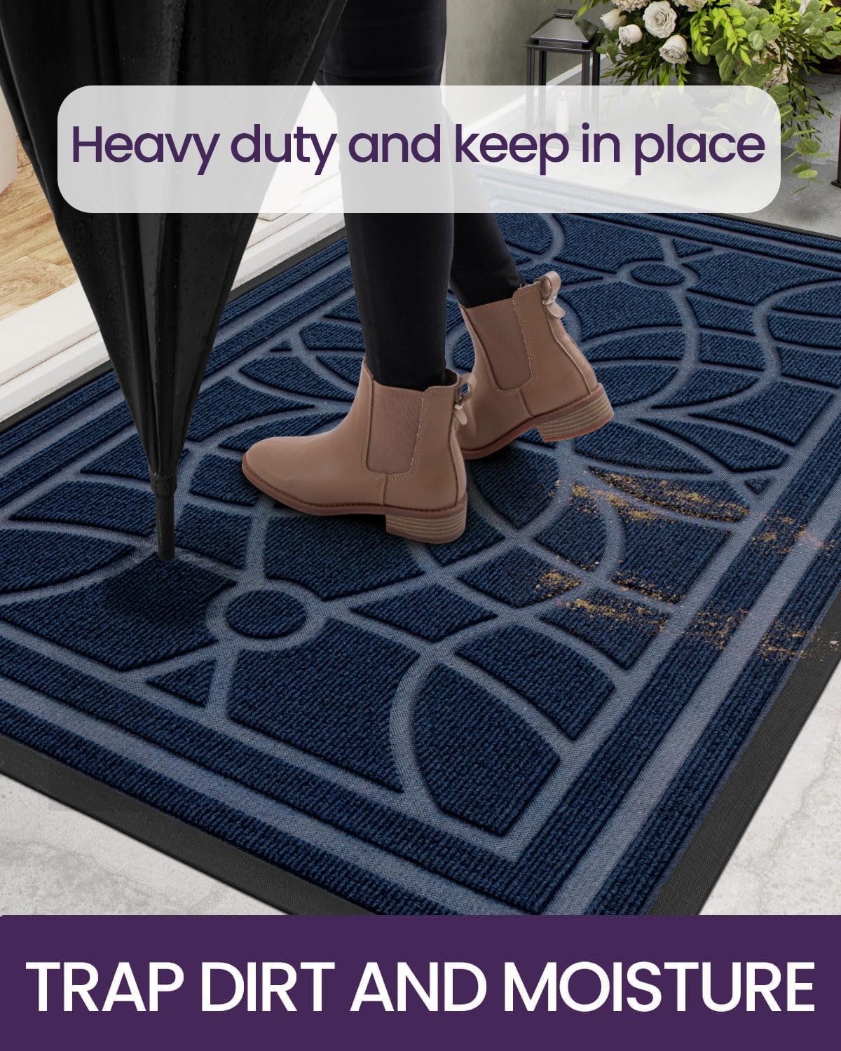 DEXI Front Door Mat Outside Entrance, Heavy Duty Non Slip Low Profile Doormat for Entryway, Trap Dirt and Moisture Welcome Mats, Easy Clean, Patio, Garage, 17x29, Blue