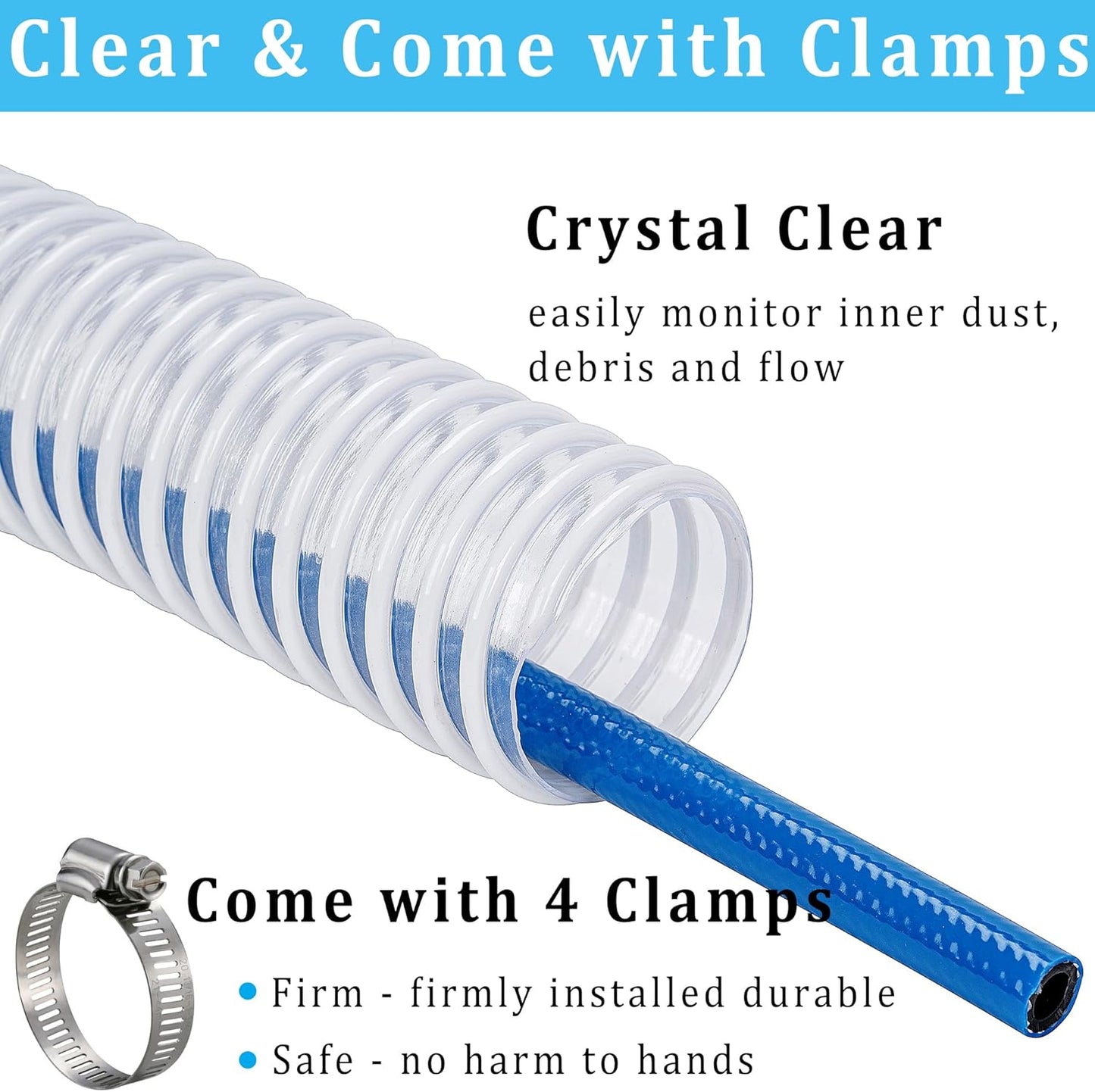 Dust Collection Hose 1-1/2 in × 5 ft Heavy Duty Clear Flexible PVC Reinforced Thicken Helix Suction Discharge Corrugated Pipe Hose for Fume Dust Collector Fitting Wood Chip Saw (1.5 inch hose)