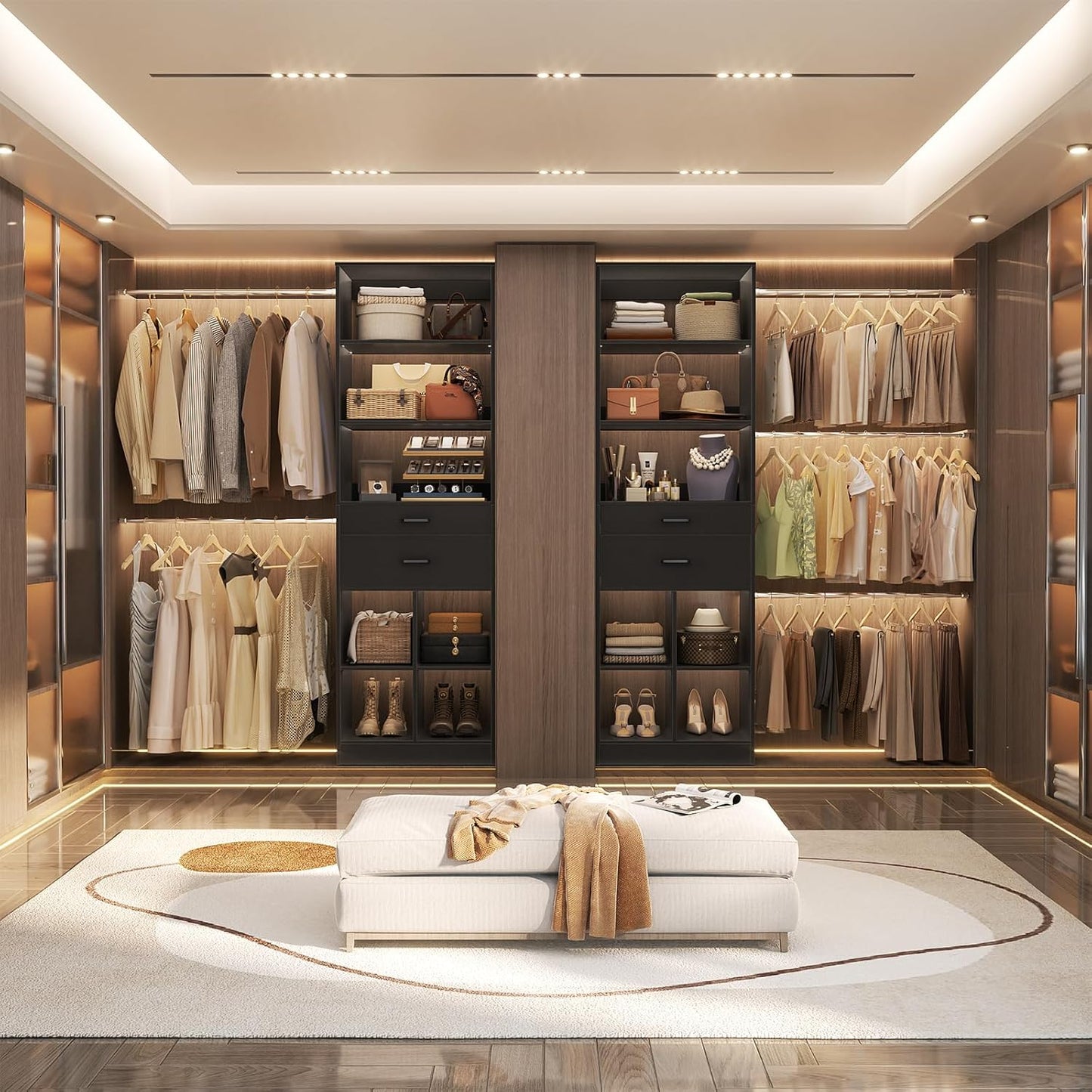 Closet System, 4-8 FT Closet Organizer Tower with 2 Wooden Drawers and Shelves, Can Fit 60 to 96 inch Walk-in Closet System with 5 Hang Rods, Built-in, Black