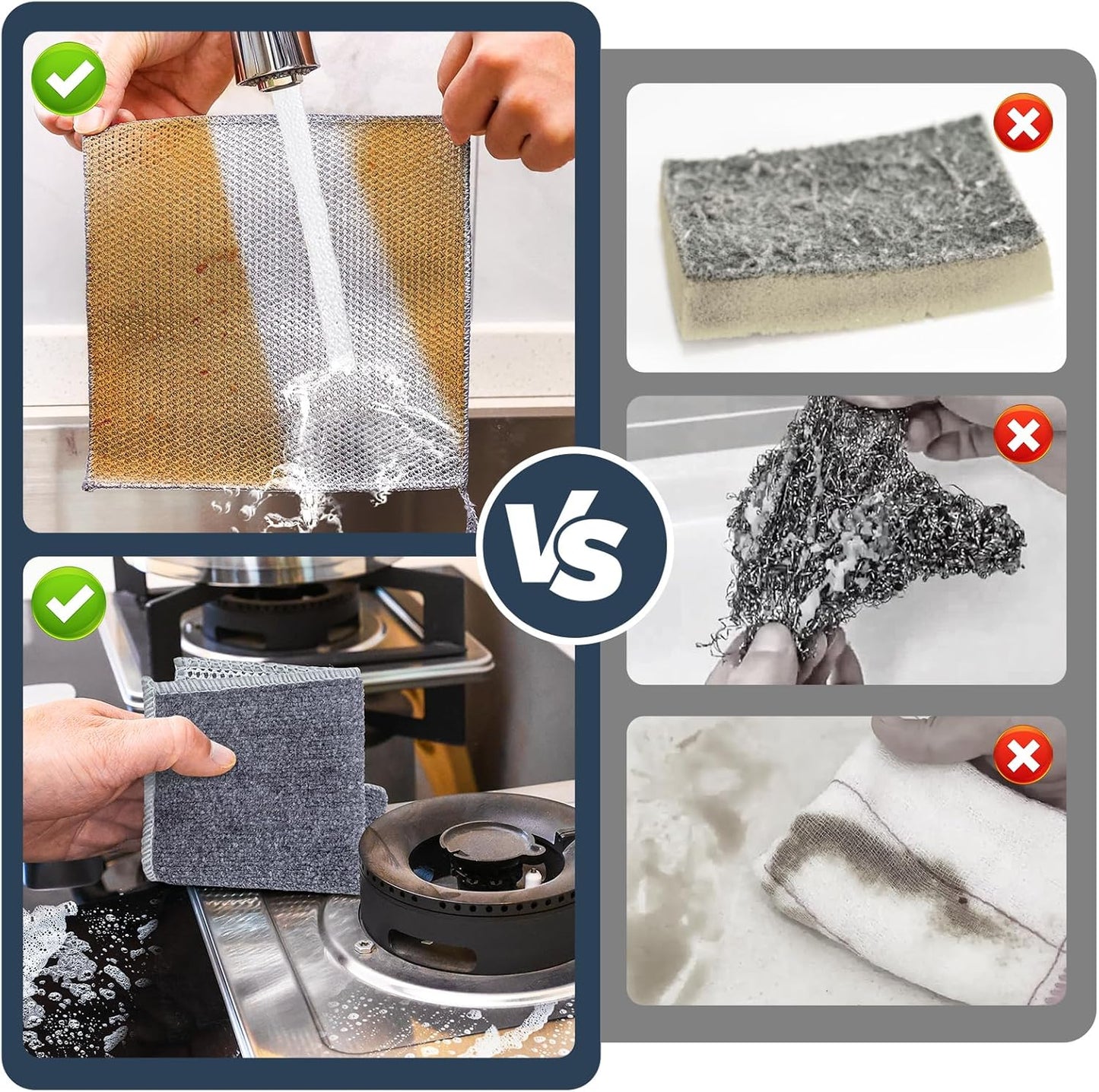 Navona 12Pack Steel Wire Dishcloth, Include 6Pack Triple-Layer Steel Wire Cleaning Cloth, 6Pack Dry and Wet Dual-Use Steel Wire Cleaning Cloth, Powerful Cleaning for Cookware, Sinks, Dishes