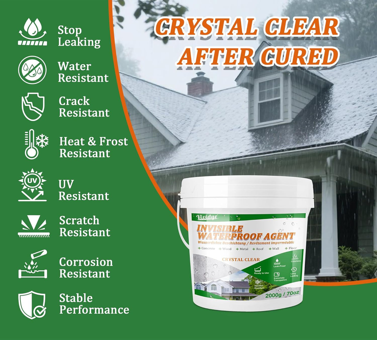 Waterproof Sealant 70oz, Transparent Waterproof Coating for Roof, Floor, Window, Bathroom, Concrete,Wood, Invisible Water Proof Agent＆Foundation Leak Repair Adhesive for Indoor/Outdoor Use Water-Based