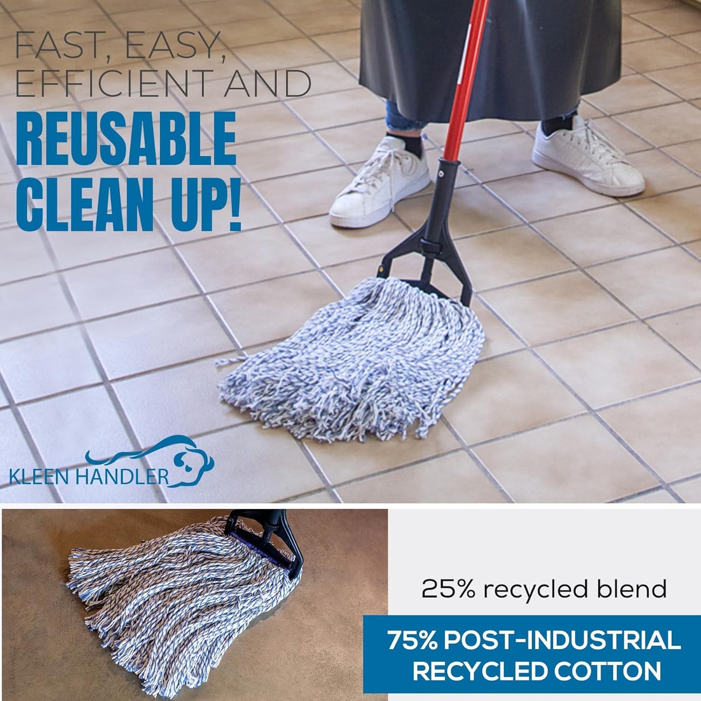 KLEEN HANDLER Cut End Finish Mop | 1.25" Universal Headband, Maximum Absorption Finishing Mop, Pack of 1