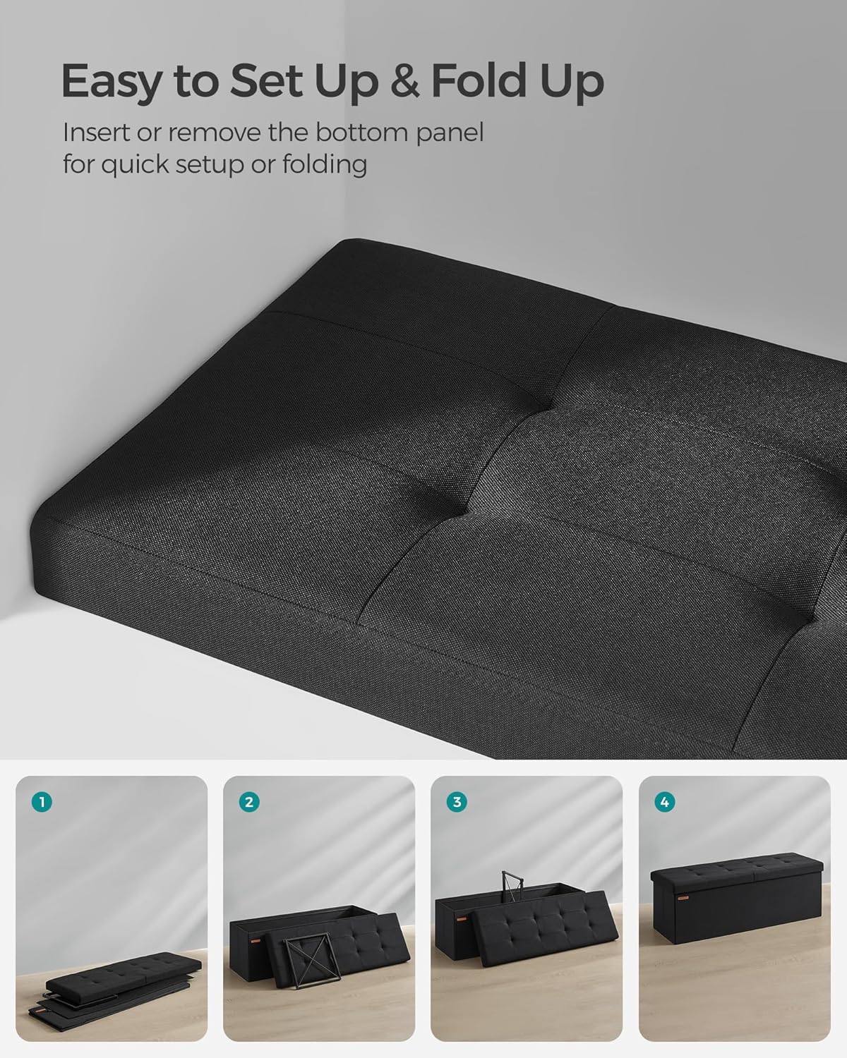 SONGMICS Mazie Collection - 43 Inches Storage Ottoman, Foldable Storage Bench with Flipping Lid, 660 lb Load Capacity, for Entryway, Living Room, Bedroom, Ink Black ULSF076B01