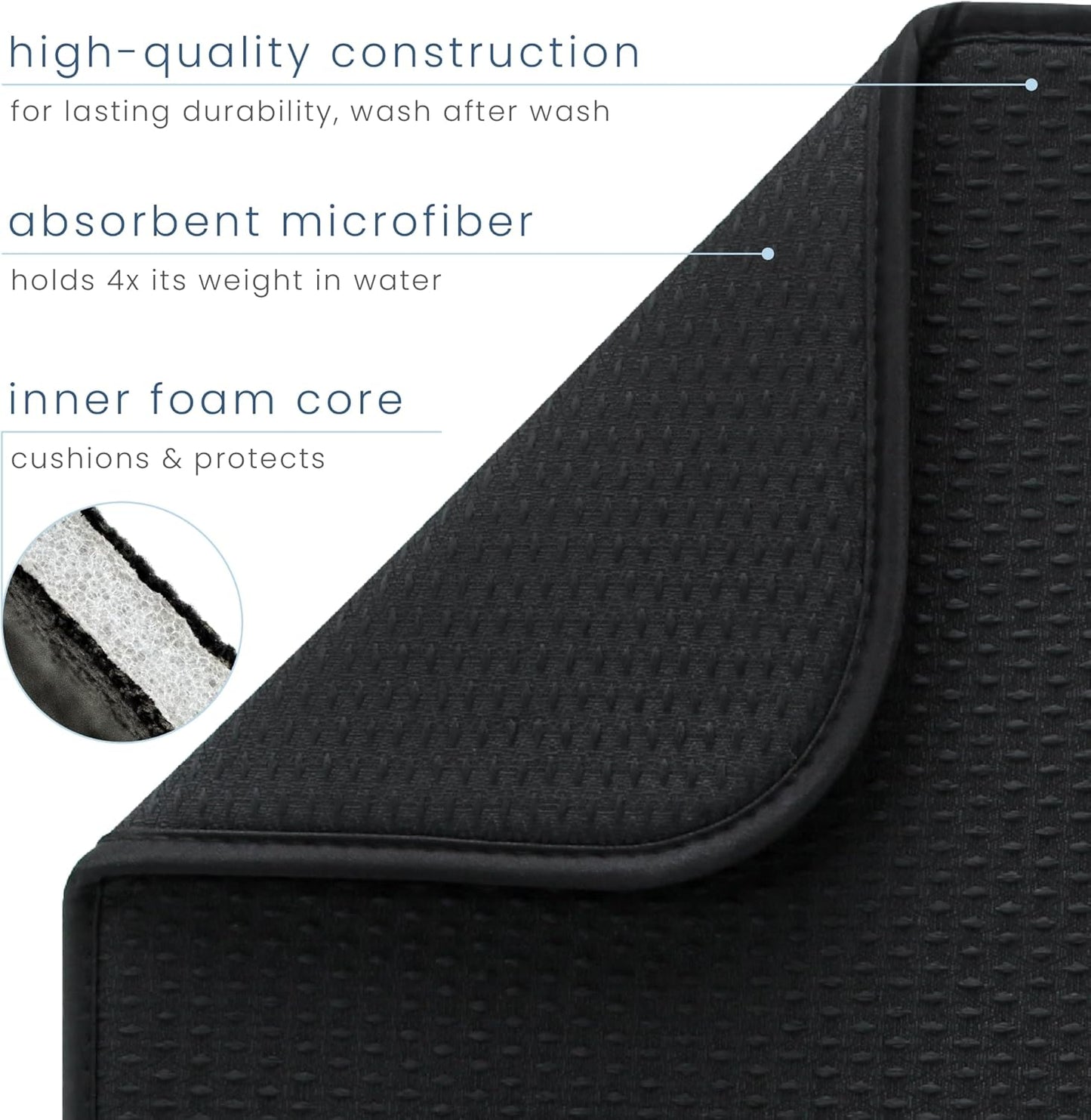 S&T INC. Dish Drying Mat, 16” x 18”, Absorbent Microfiber Kitchen Counter Mat, Drying Pad for Dishes, Utensils, Pots and Pans, Large, Diamond Texture, Black