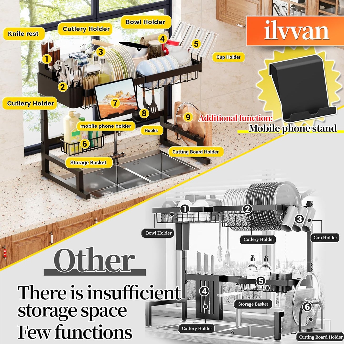 Over Sink Dish Drying Rack (Expandable Height/Length) Snap-On Design Large Dish Drainer Storage Counter Organizer 24" - 35.5"(L) x 12"(W) x 19" - 22"(H)