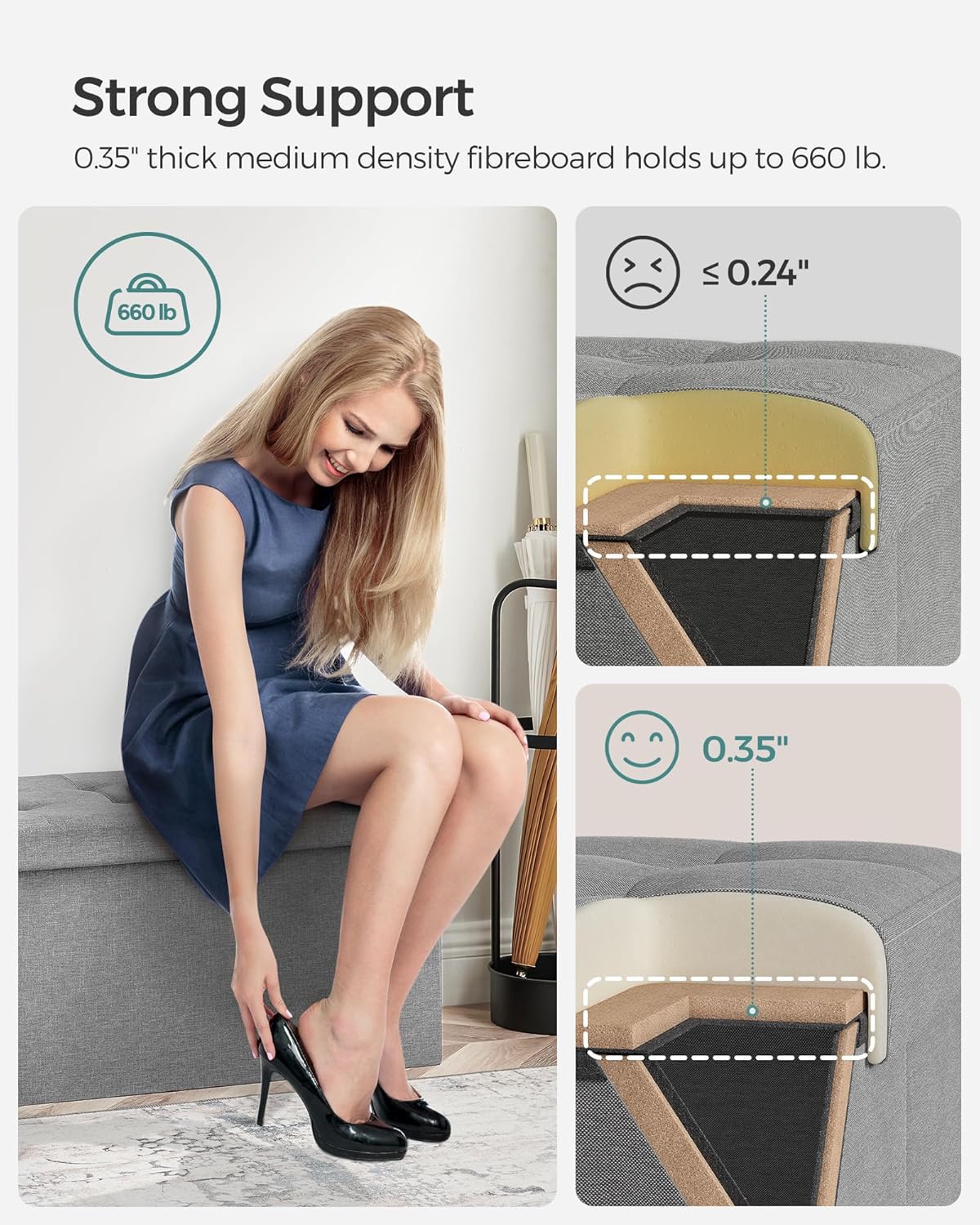 SONGMICS Mazie Collection - 30 Inches Storage Ottoman, Foldable Storage Bench with Flipping Lid, 660 lb Load Capacity, for Entryway, Living Room, Bedroom, Light Gray ULSF41G