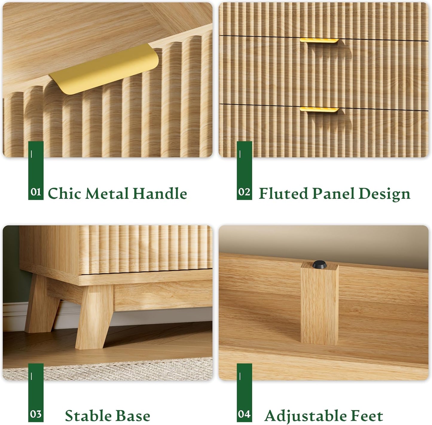 Fluted Dresser with 9 Drawers, 63" Wide Modern Chest of Drawers with Metal Handle, Wooden Dresser TV Stand, Wood Closet Clothes Storage Organizer for Bedroom, Living Room, Hallway, Natural Oak