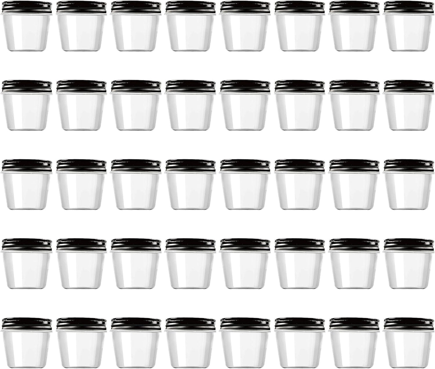 Novelinks 4 Ounce Plastic Jars with Black Lids - Refillable Round Clear Containers for Kitchen & Household Storage - BPA Free (40 Pack)