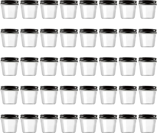 Novelinks 4 Ounce Plastic Jars with Black Lids - Refillable Round Clear Containers for Kitchen & Household Storage - BPA Free (40 Pack)