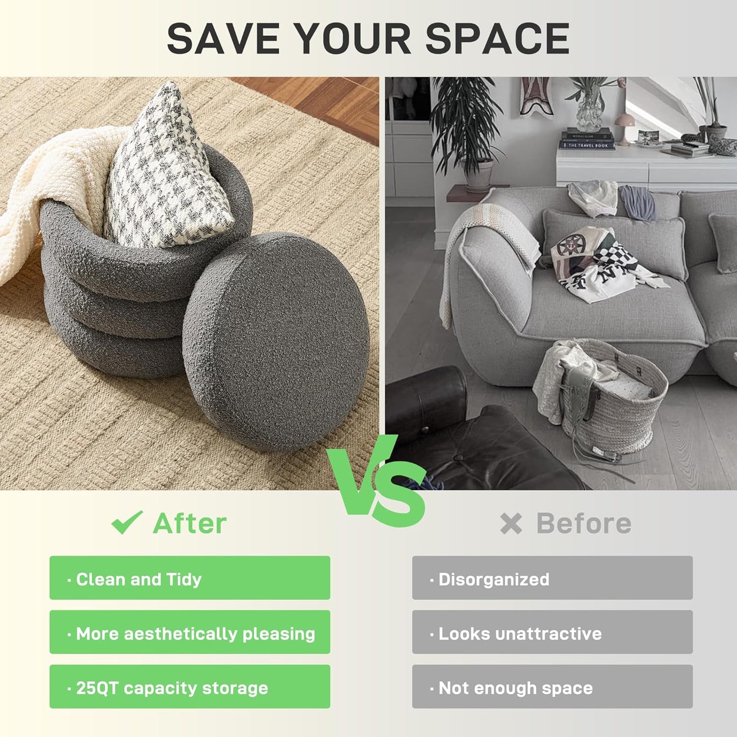 Round Ottoman with Storage Boucle Ottoman Stool Removable Lid for Living Room Modern Upholstered Vanity Storage Stool Foot Rest Bedroom Dorm Gifts Set of 2 (Grey)