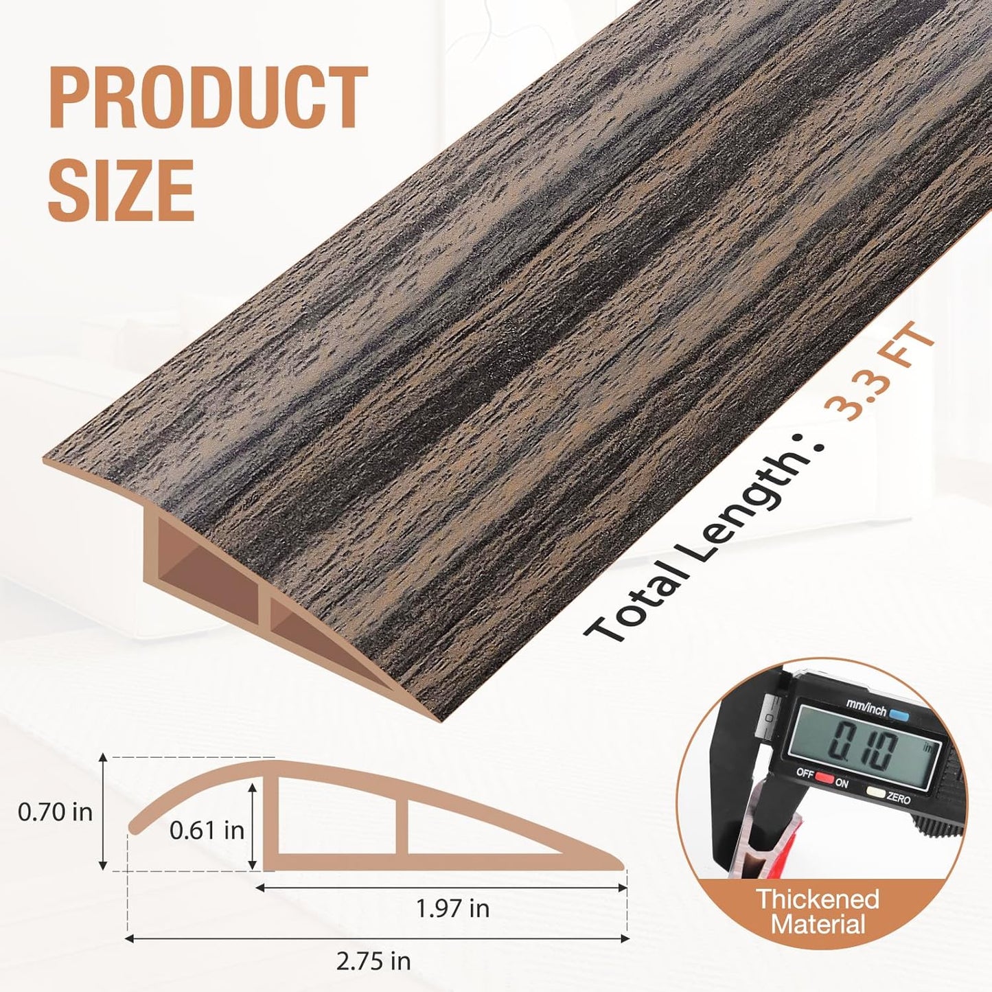 Floor Transition Strip Self Adhesive Vinyl Door Threshold for Doorways Carpet Edging Trim Overlap Edge Reducer for Laminate Floor, Carpet, Tile (Smoked Brown Wood Grain, 2/5" to 3/5", 3.3Ft)