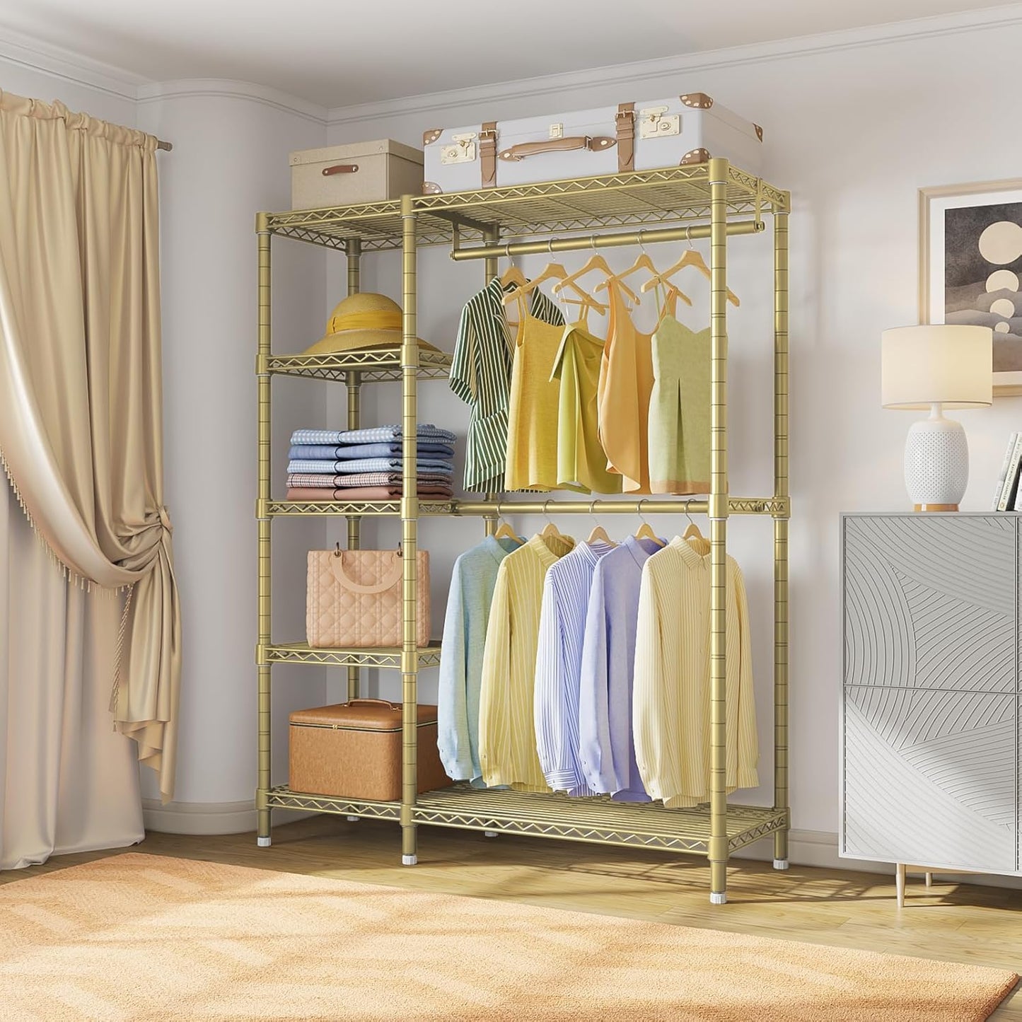 VIPEK V7 Clothes Rack Heavy Duty Max Load 670lbs, Garment Rack with 5 Tiers Adjustable Shelves Portable Closet Metal Sturdy Wardrobe Storage System for Walk-in Closet, Bedroom, Small Space (Gold)