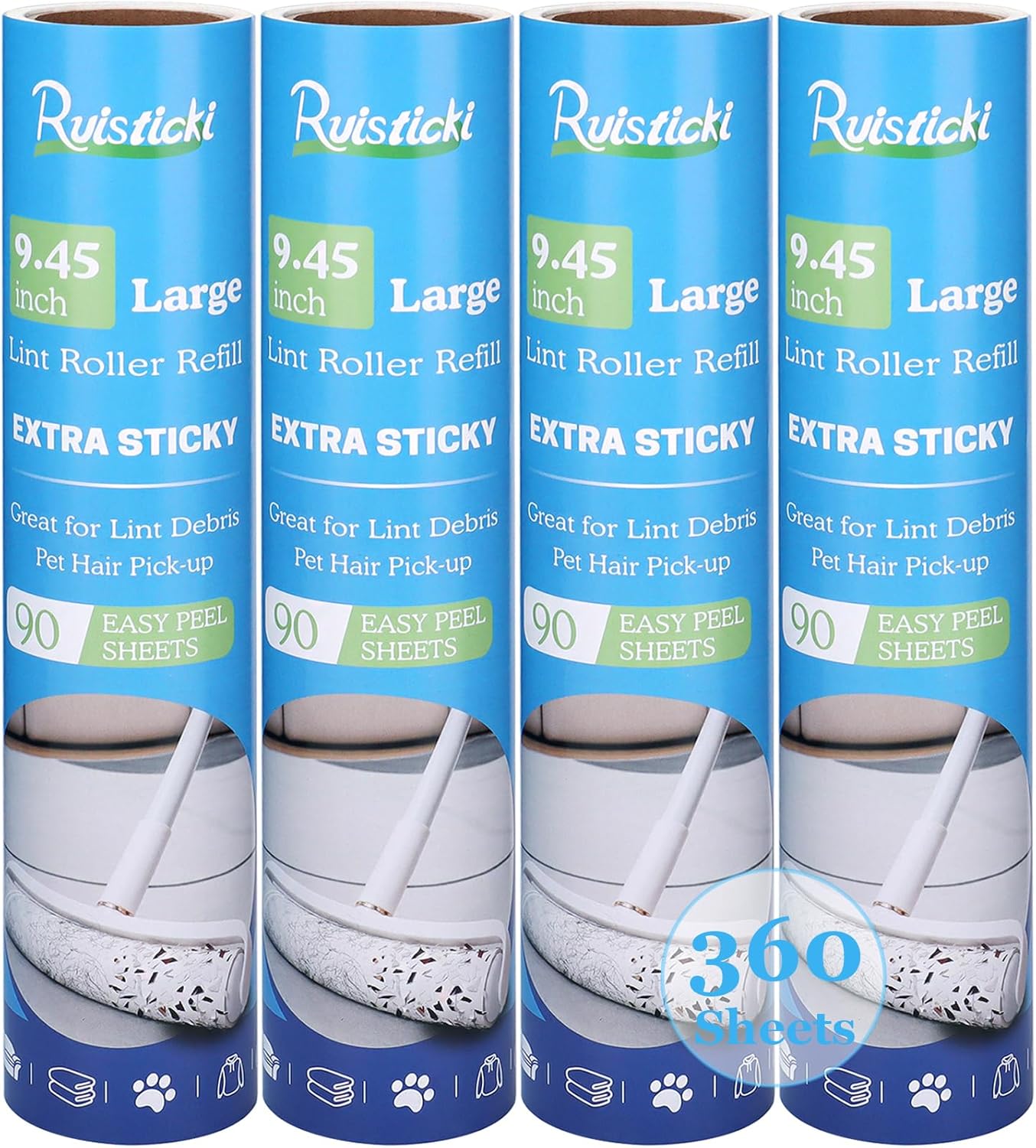 9.45 inch Lint Roller Refills for Large Long Handle Lint Rollers for Carpet 9.45'' Extra Sticky Floor Lint Roller 4 Pack of Refills Only, 90 Sheets per Refill, 360 Sheets Total