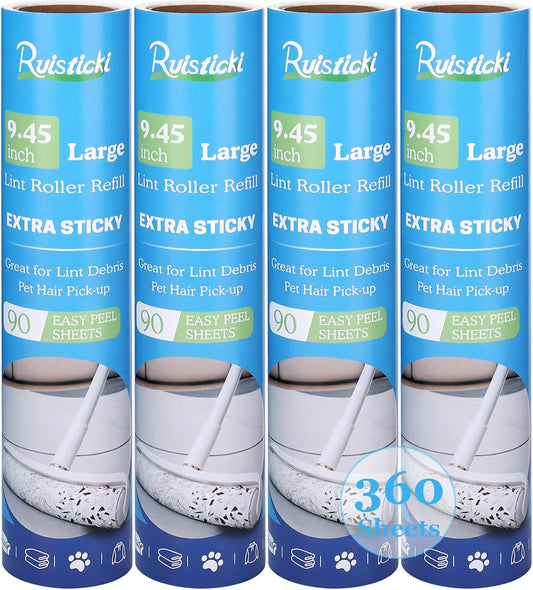 9.45 inch Lint Roller Refills for Large Long Handle Lint Rollers for Carpet 9.45'' Extra Sticky Floor Lint Roller 4 Pack of Refills Only, 90 Sheets per Refill, 360 Sheets Total
