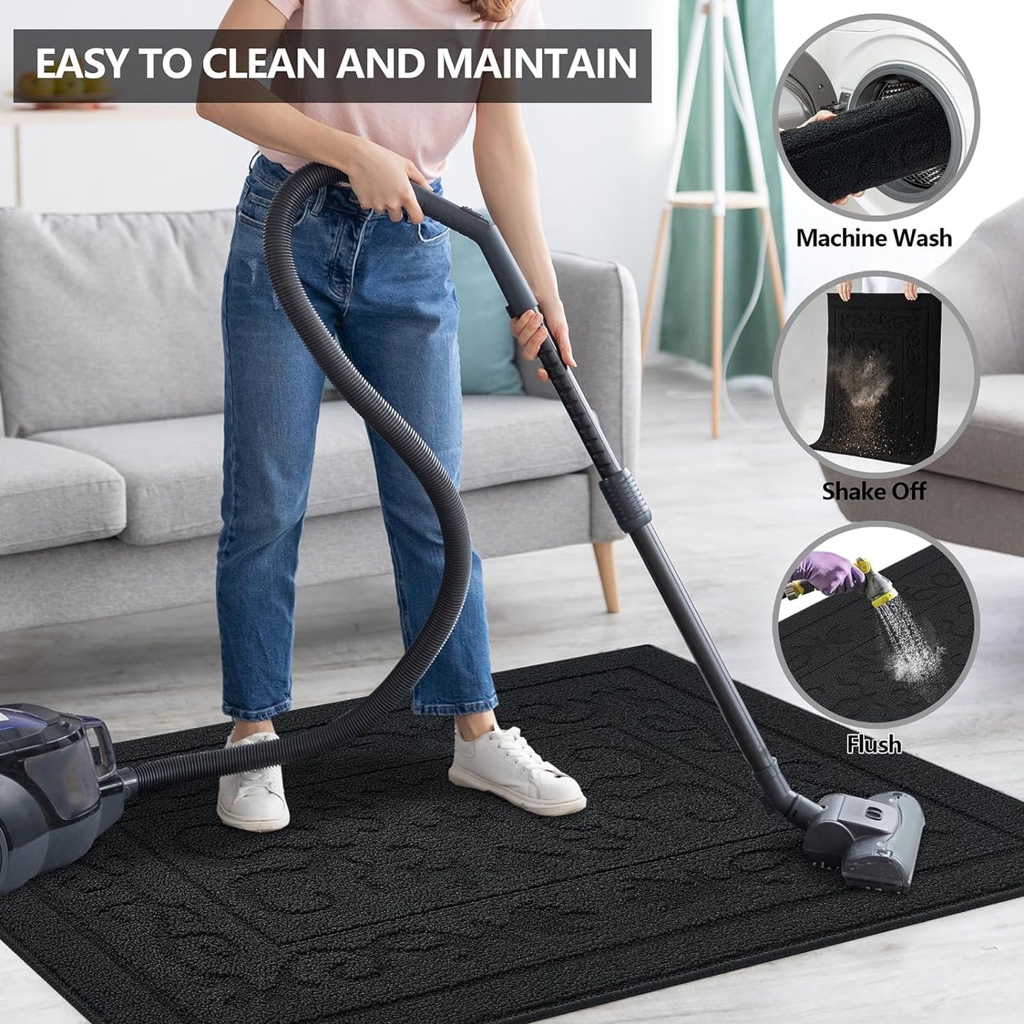 FONEYI Indoor Door Mat 24" x 36", Dirt Trapper Door Mats Non-Slip Entryway Rugs Washable, Absorbent Resist Dirt Welcome Mat, Low Profile Inside Floor Mats for Front Back Door and Entryway, Black