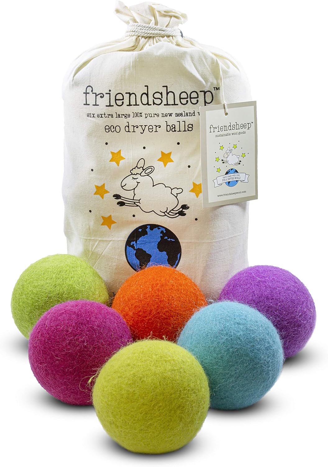 Friendsheep Wool Dryer Balls, Organic Reusable Fabric Softener Alternative for Laundry, Handmade, Fair Trade, Hypoallergenic, Eco-Friendly, Plastic-Free (6 Pack XL - Rainbow Blast)