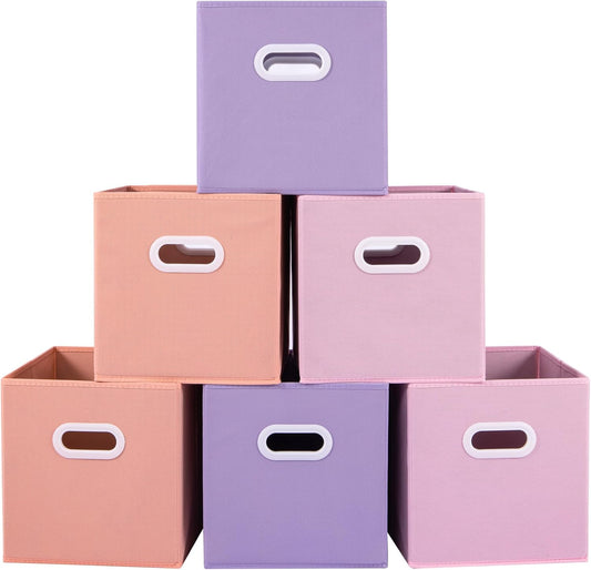 Stero Fabric Storage Cubes Bins, 11 inch Fun Colored Foldable Storage Baskets with Dual Plastic Handle for Home, Kids Room, Closet and Toys Organization, Multi Colored, Set of 6