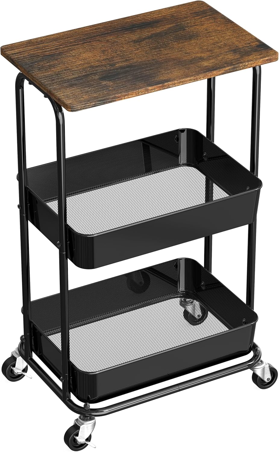 Simple Houseware 2-Tier Rolling Utility Cart with Lockable Wheels and Wood Top, Metal Storage Organizer Trolley for Kitchen, Bathroom, Office, Craft Room, Rustic Brown