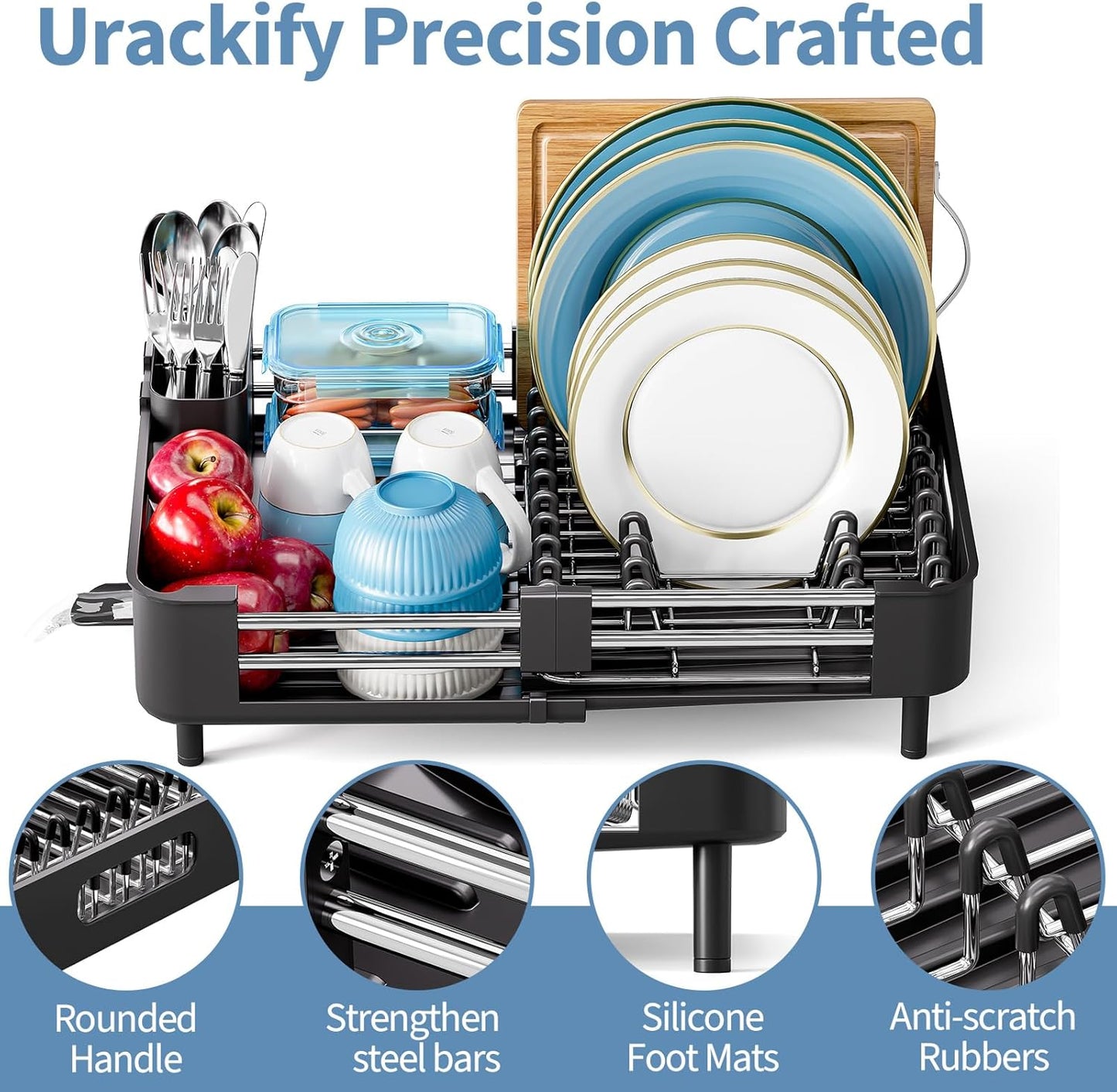 Dish Drying Rack for Kitchen Counter, Extendable Dish Rack with Drainboard, Collapsible Dish Drainer, Expandable Dish Strainer with Cutlery Holder, Foldable Home Countertop Plate Storage Rack, Black