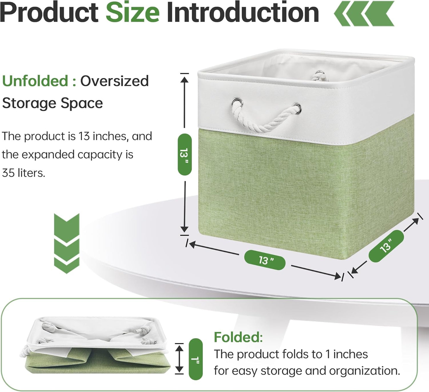 13x13 Inch Cube Storage Bins with Reinforced Bottom Cardboard, 6 Pack Large Collapsible Fabric Storage Cubes with Handles for Shelf, Closet, Toy, Laundry Organization (White&Green)