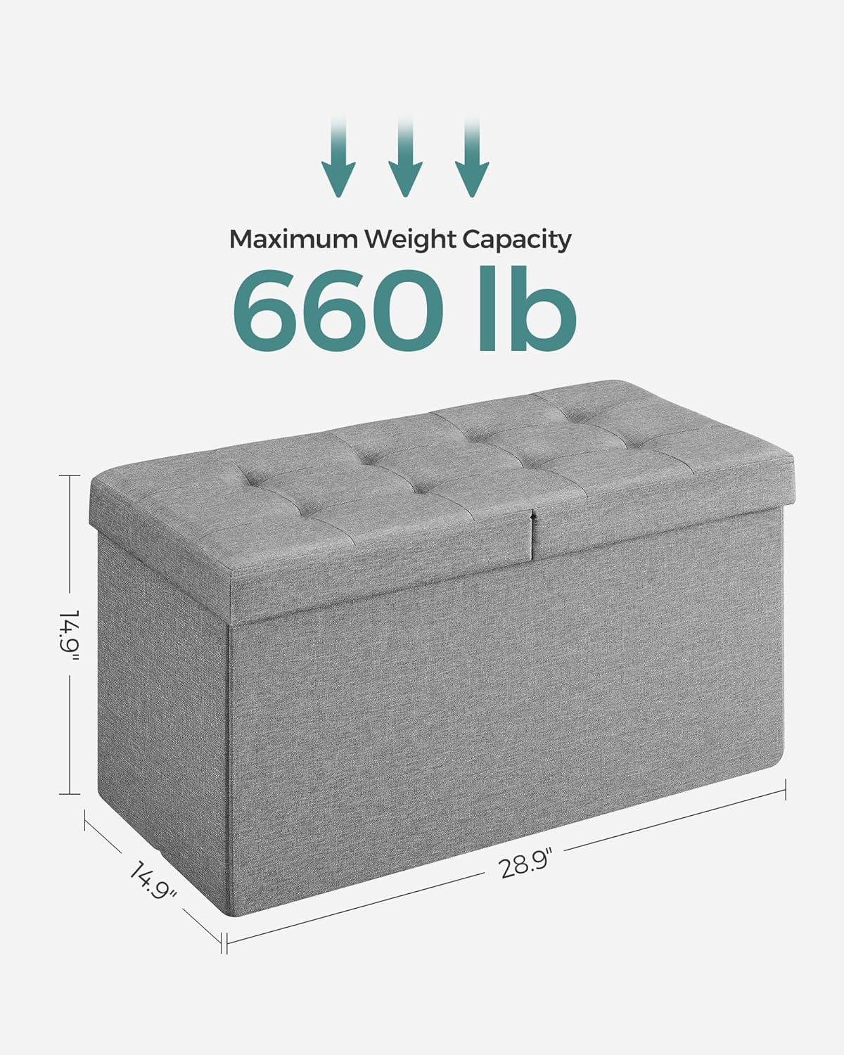 SONGMICS Mazie Collection - 30 Inches Storage Ottoman, Foldable Storage Bench with Flipping Lid, 660 lb Load Capacity, for Entryway, Living Room, Bedroom, Light Gray ULSF41G