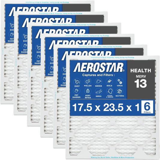 Aerostar 17 1/2x23 1/2x1 MERV 13 Pleated Air Filter, AC Furnace Air Filter, 6 Pack (Actual Size: 17 1/2" x 23 1/2" x 1")