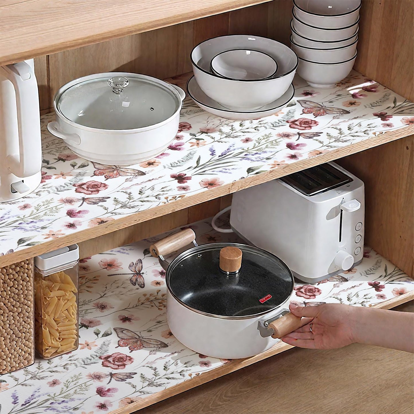 Shelf and Drawer Liner for Kitchen Cabinets, Non-Adhesive and Strong Non-Slip Floral Shelf Cabinet Drawer Liners for Kitchen, Waterproof Cupboard Liners,Easy to Clean,12IN x 10FT