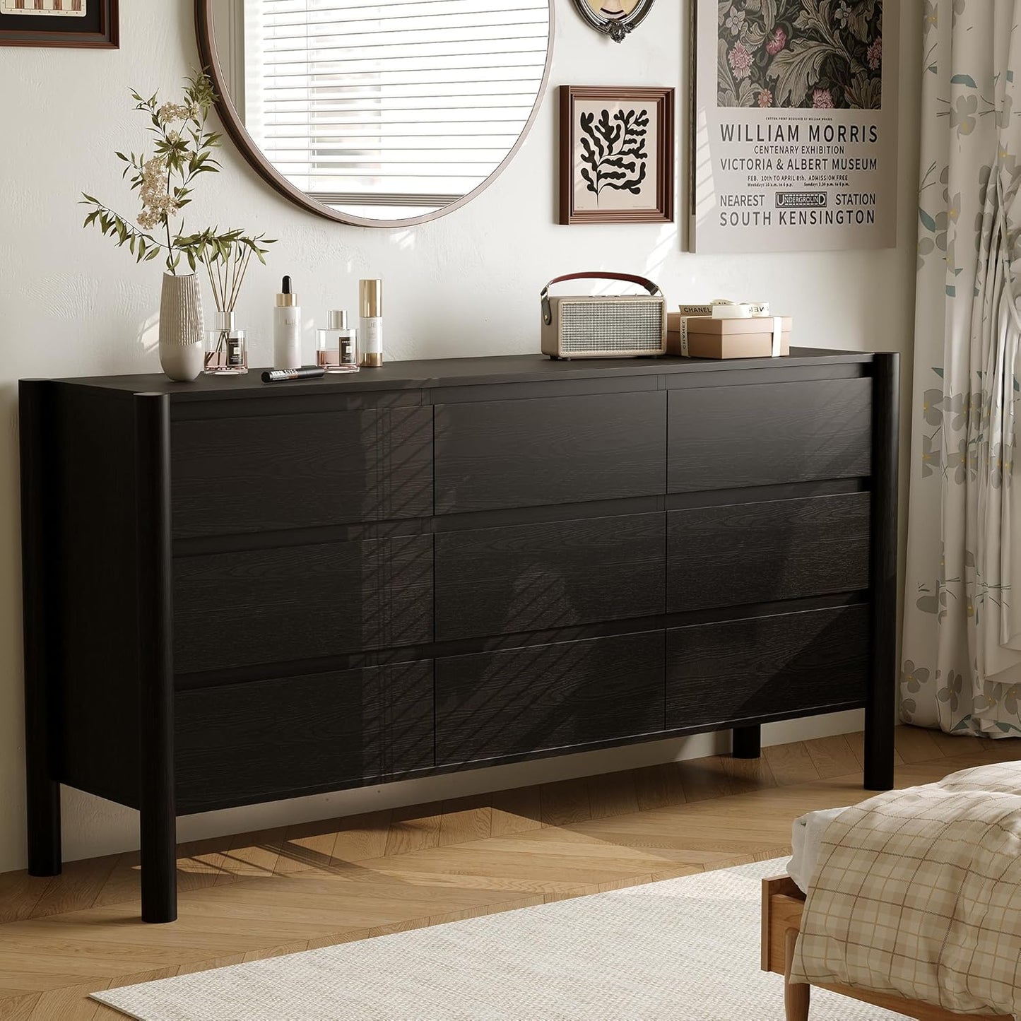 Dresser for Bedroom with 9 Drawers,63" Wide Black Dresser with 4 Solid Wood Legs, Wooden TV Stand,Closet Clothes Organizer for Bedroom, Hallway