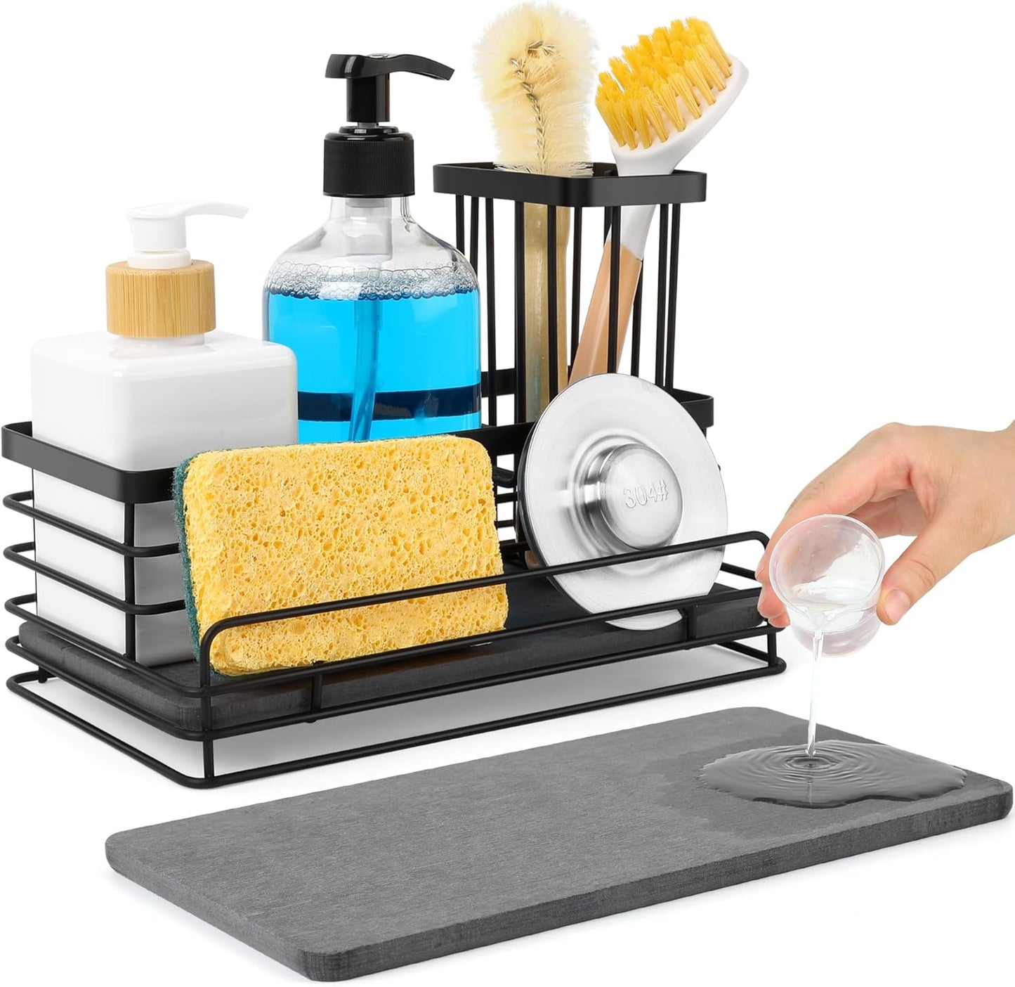 Sponge Holder for Kitchen Sink – Rustproof Sink Caddy & Kitchen Organizer with High Brush Holder, Fast Drying Diatomite Base, 304 Stainless Steel Dish Sponge Rack(Black)