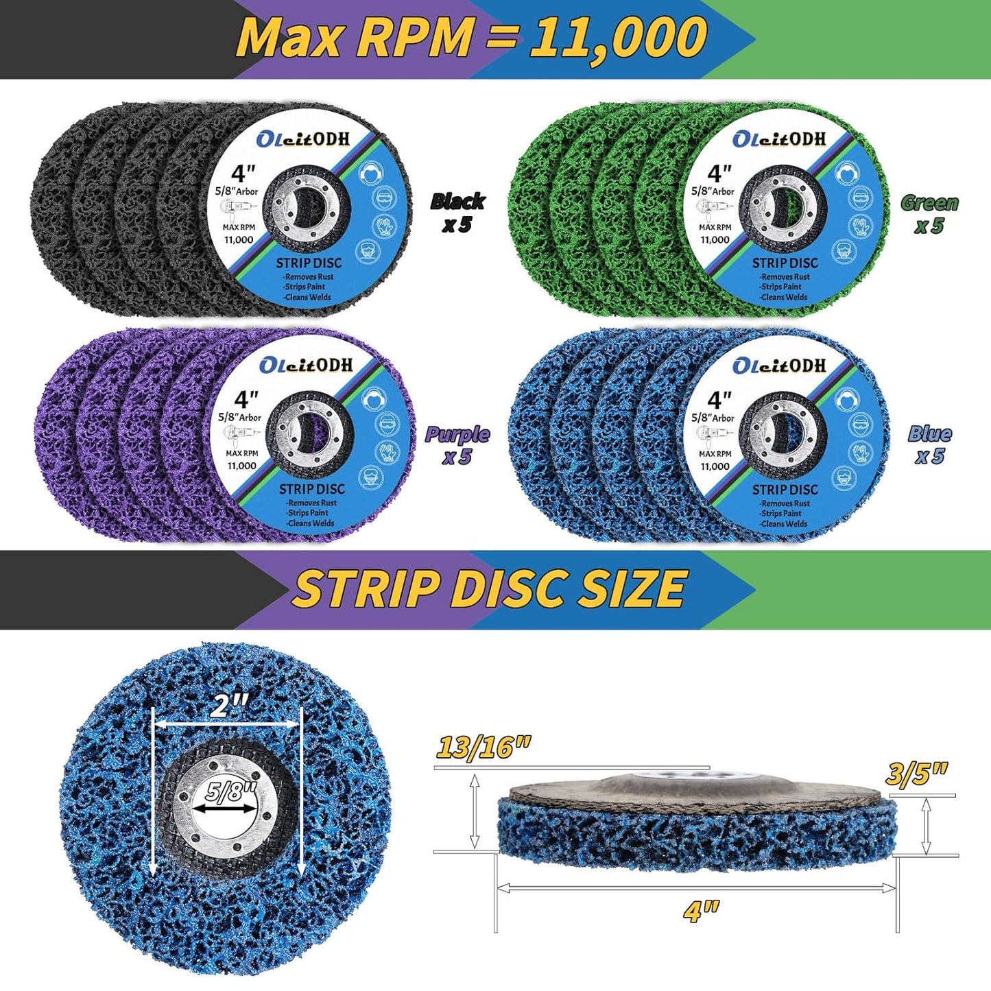 20 Pcs 4" x 5/8" Strip Discs Bulk, Paint Stripping and Rust Removal Wheels for Angle Grinders, Abrasive Grinding Discs for Metal, Wood, and Fiberglass, Blue+ Purple+ Green+ Black