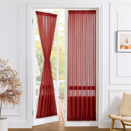Tollpiz Sheer Door Curtains Closet Linen Textured Curtains Sheer Doorway Light Filtering Voile Rod French Door Pocket Curtain Patio Glass Door, 25 x 72 inches Long, Burgundy Red, Set of 1 Panel