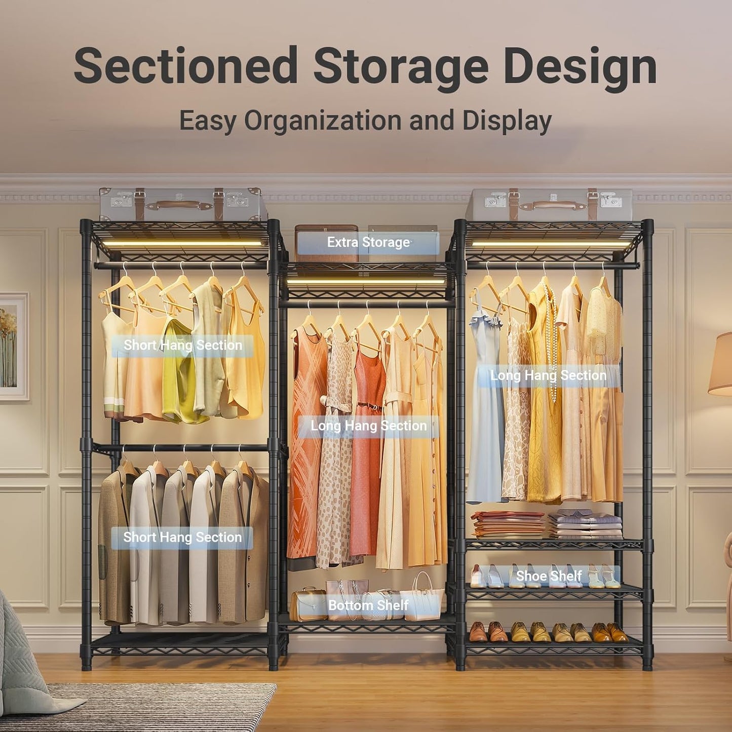 VIPEK V5L Garment Rack Heavy Duty Clothes Racks with Dimmable LED Light, 3000K Warm White, Portable Closet Wardrobe Freestanding Metal Clothing Racks for Hanging Clothes, Max Load 890lbs, Black