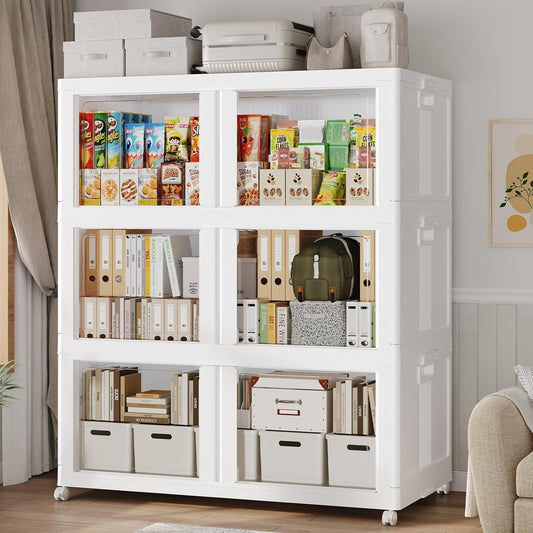 600Qt Stackable Storage Bins with Lid and Wheels, 150Gal Plastic Closet Organizer and Storage Drawer, Large Collapsible Storages Box Cabinet with Clear Door for Home Kitchen, 3Pack White