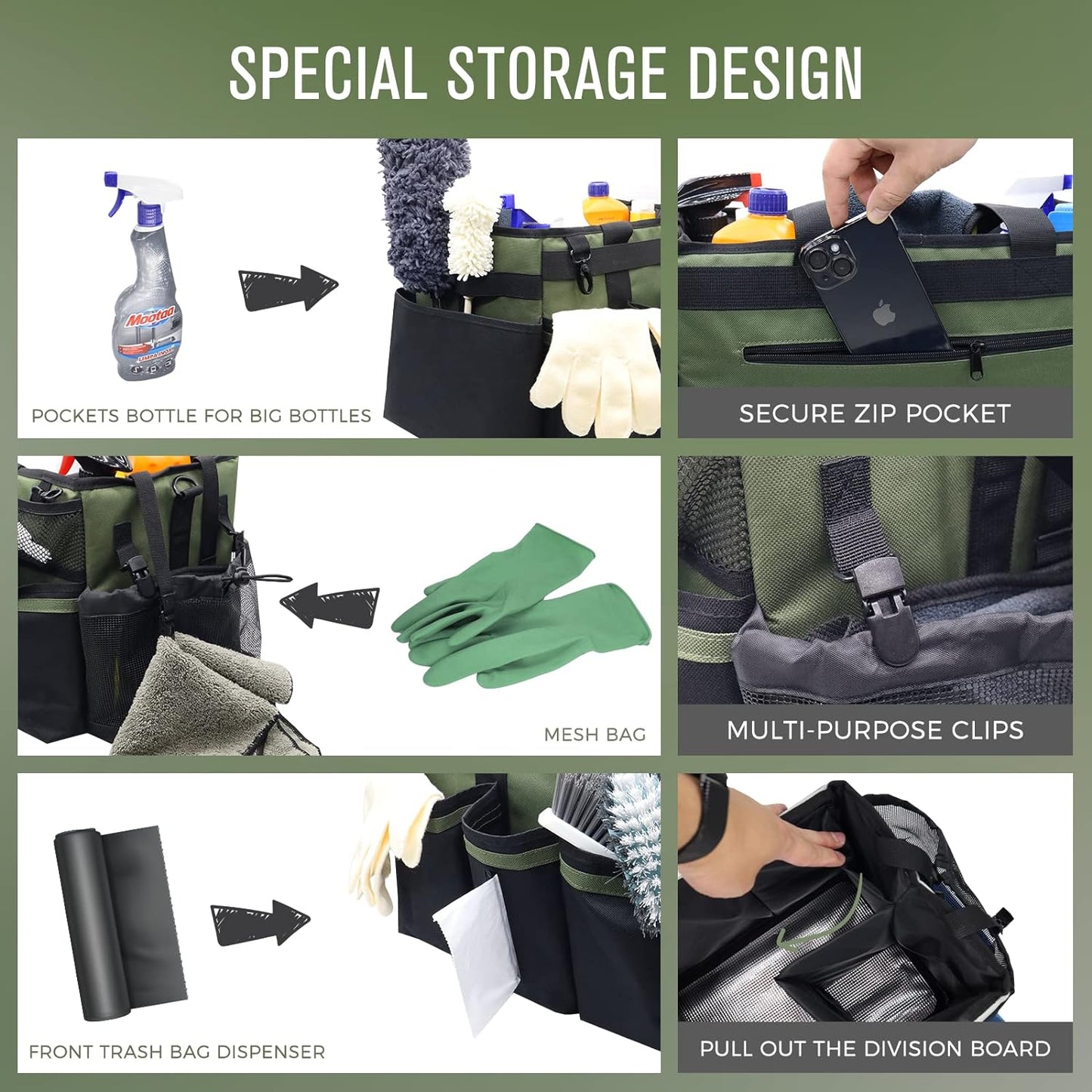 Wearable Cleaning Caddy Organizer with Handle & Shoulder Straps for Housekeepers, Under Sink & Car Cleaning Tool Organizer Bag with 4 Foldable Dividers (Green)