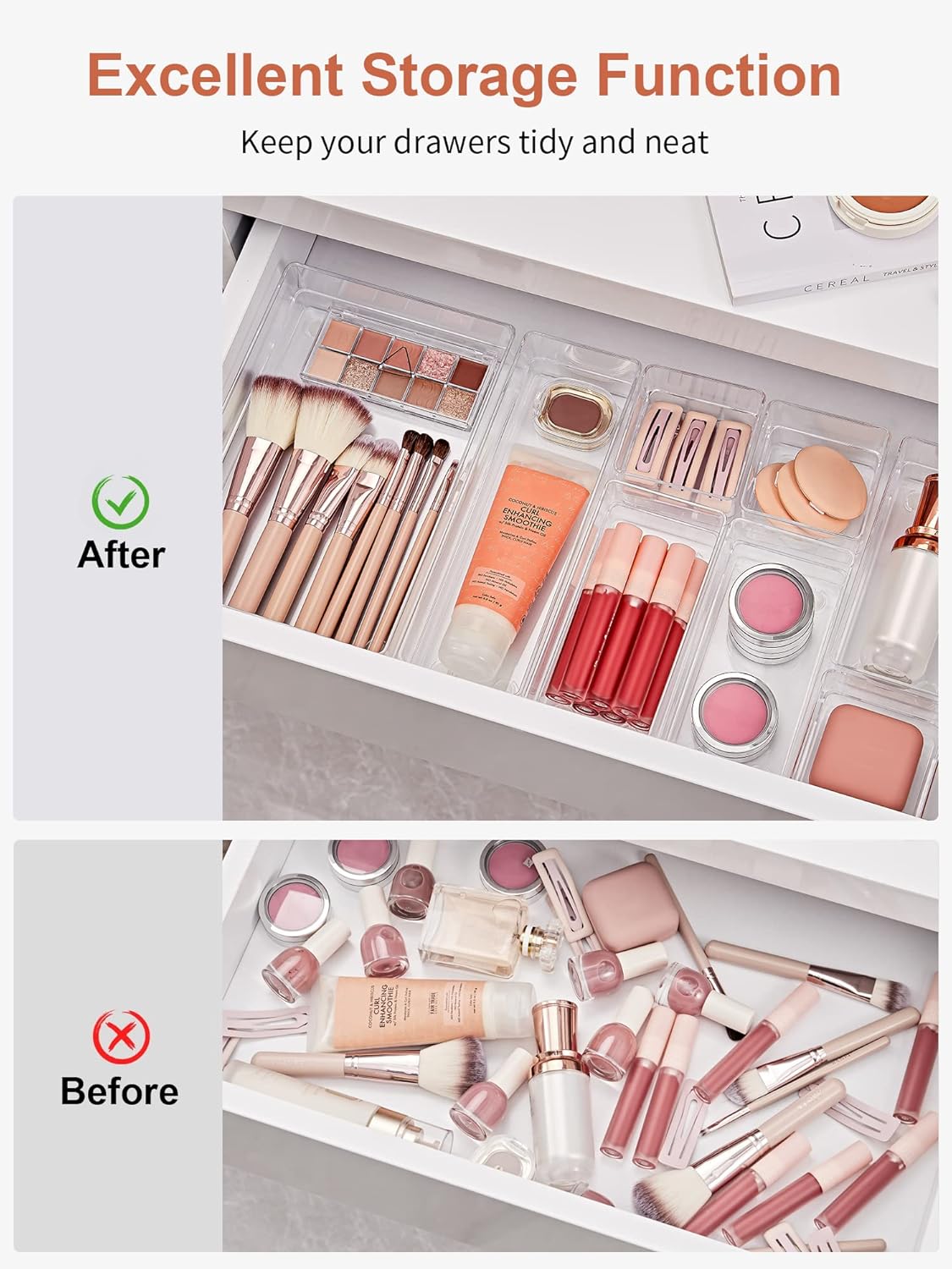 SMARTAKE 22-Piece Drawer Organizer with Non-Slip Silicone Pads, 4-Size Clear Desk Drawer Organizer Trays Storage Tray for Makeup, Jewelries, Utensils in Bedroom Dresser, Office and Kitchen, Clear