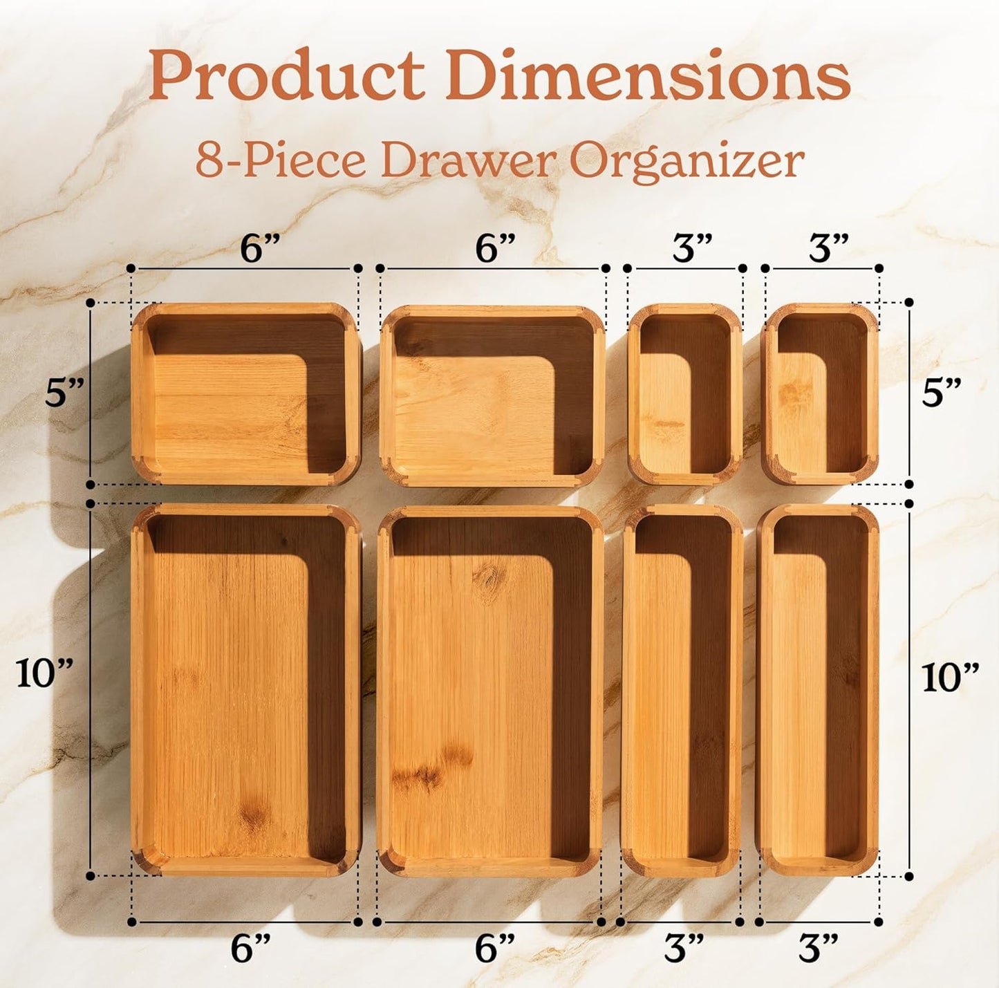 SMIRLY 8-Piece Bamboo Kitchen Drawer Organizer Set for Large and Small Utensils, Multi-use Storage Box - Bathroom, Nightstand, Jewelry, Cutlery, Knife, Spice, Towel, Junk Drawer Tray