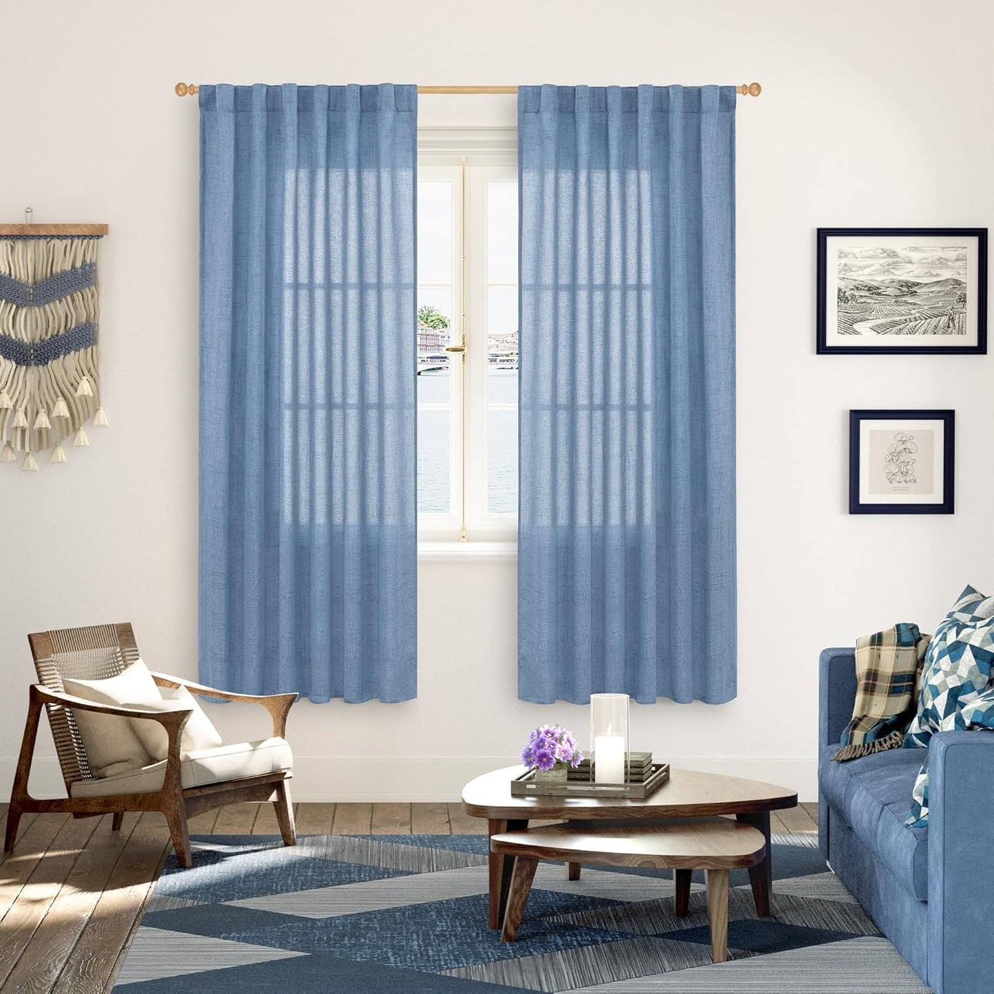 YoungsTex Denim Blue Linen Curtains 72 Inch Length for Living Room - Light Filtering Semi Sheer Drapes with Rod Pocket Back Tab Privacy Coastal for Bedroom, 2 Panels, 52 x 72 Inch
