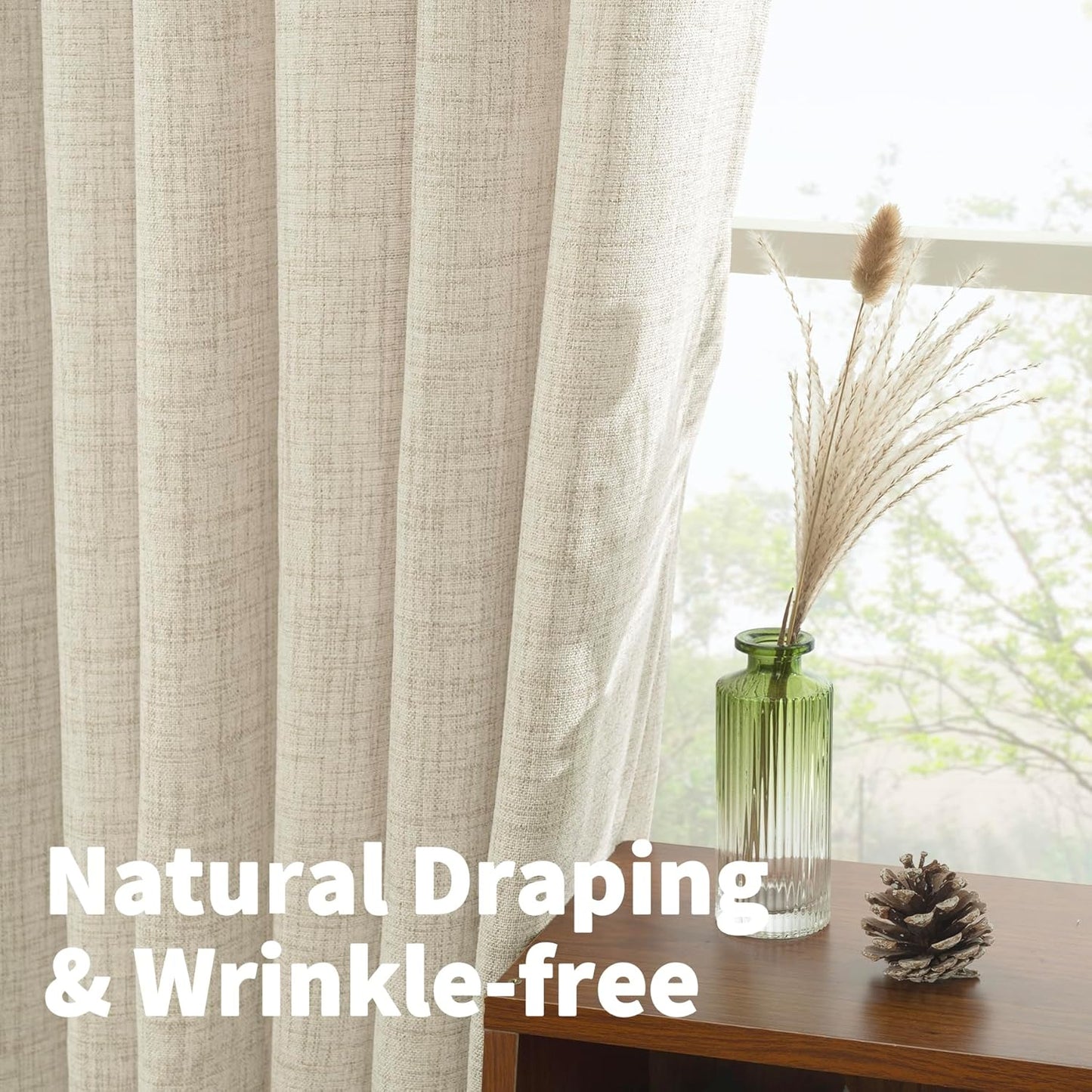 YoungsTex Linen Curtains 80 Inch Length for Living Room, Light Filtering Semi Sheer Drapes with Back Tab Rod Pocket for Bedroom Farmhouse Cream Textured Window Treatments, 2 Panels, 52 X 80 Inch