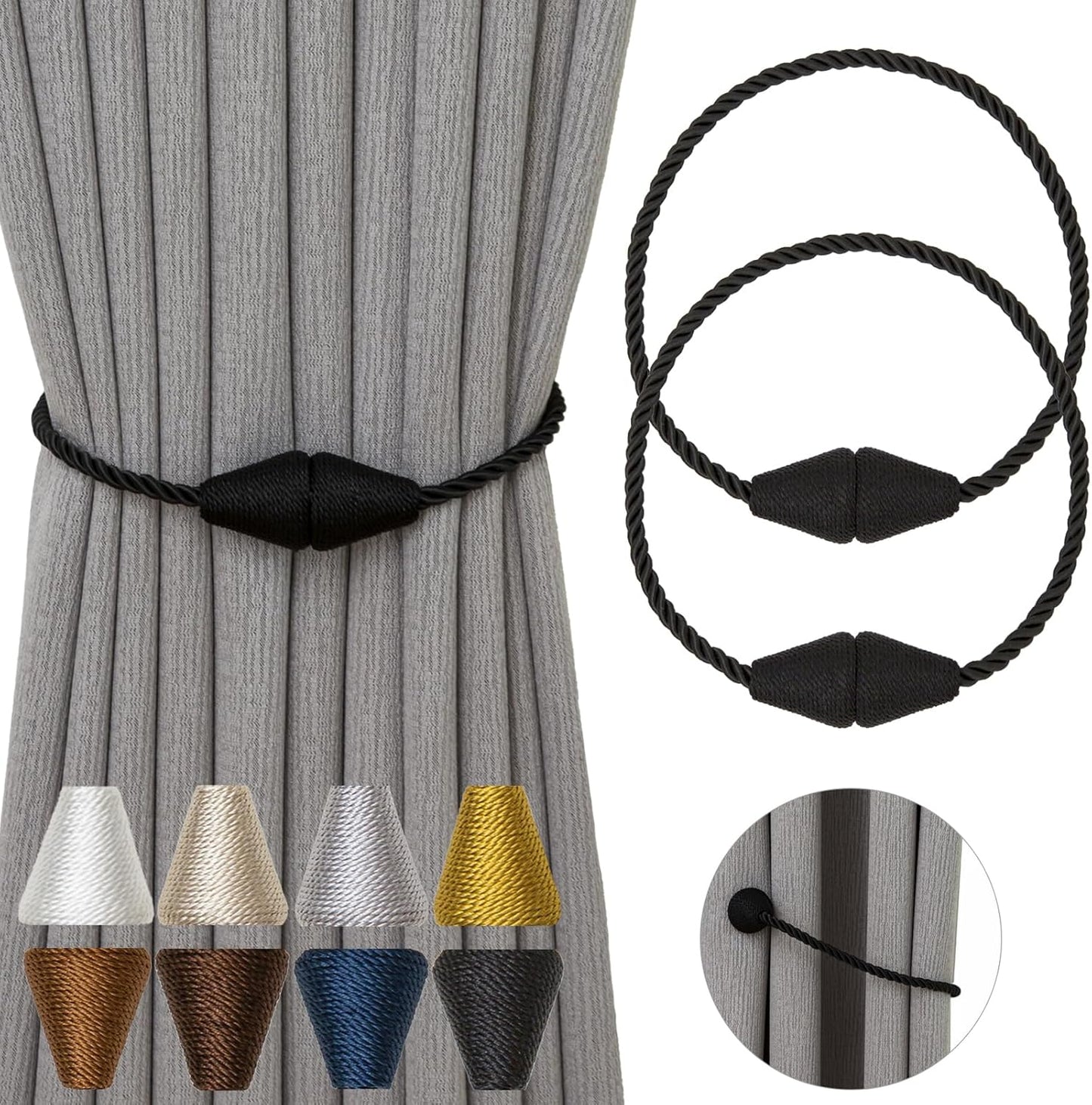 Magnetic Curtain Tiebacks 2 Pack Outdoor Rope Curtain Tie Backs Decorative Window Treatment Holdbacks for Home Decorative Curtain, Black