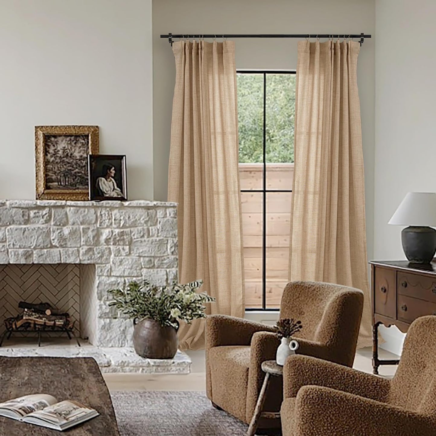 YoungsTex Toffee Linen Semi Sheer Curtains 95 Inch Length 2 Panels for Living Room, Bulap Light Filtering Drapes with Pinch Pleated for Bedroom Dining Farmhouse, 40 X 95 Inch