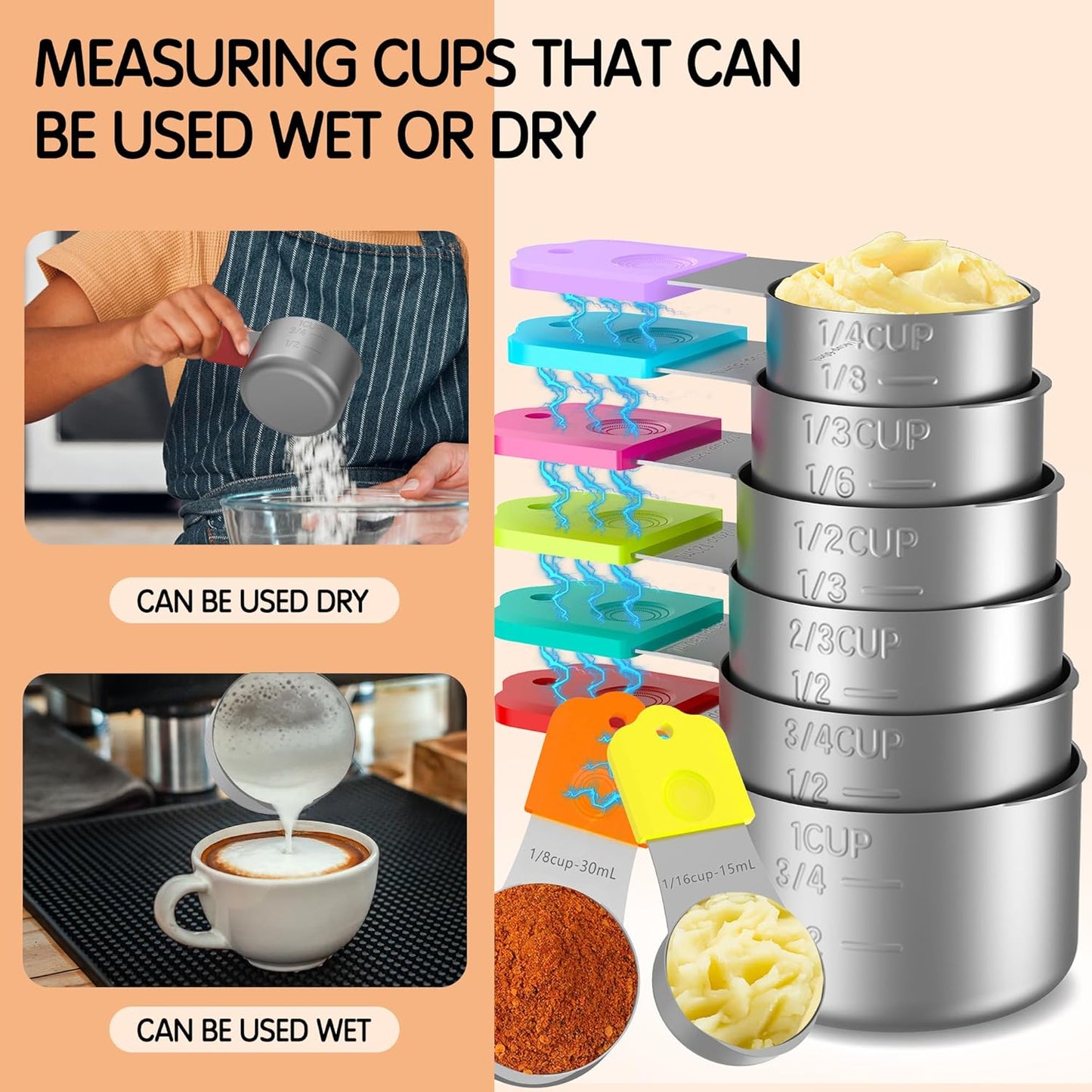 Magnetic Measuring Cups, 8 Stainless Steel Nesting Measuring Cup Set for Measuring Dry or Liquid Ingredients