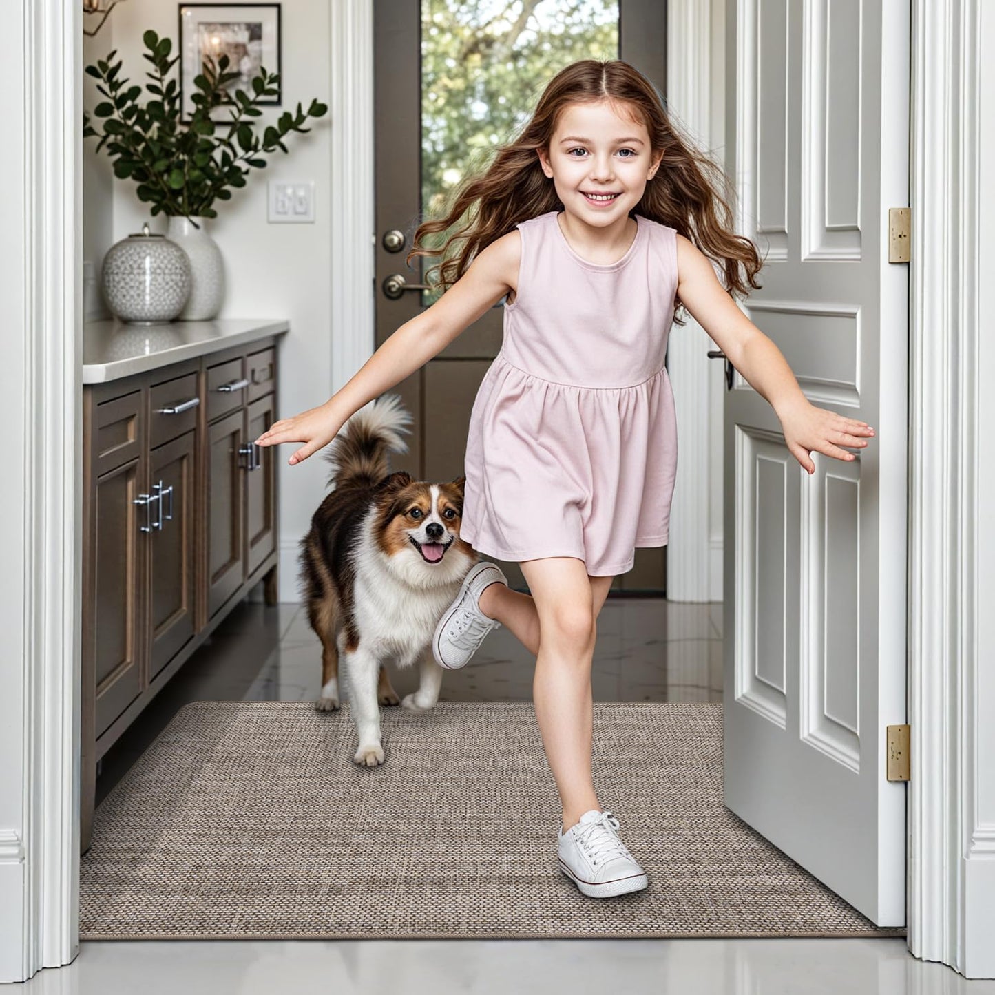 LUMI Ultra Thin Door Mat for Entryway, Low Profile Non Slip Rubber Backing Indoor Doormat, Easy Clean Welcome Entrance Mat for Inside House, Patio,Beige 24"x36"