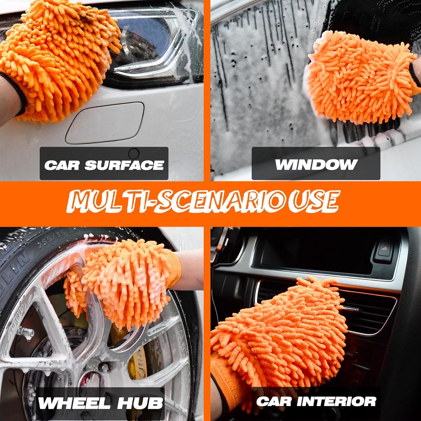 Raeyuan Car Wash Mitt Microfiber 2 Pack Scratch Proof & Lint-Free Wash Mitt for Cars, SUVs, Trucks - Large 9.06"x5.91", Orange & Blue (All-Purpose Car Cleaning)