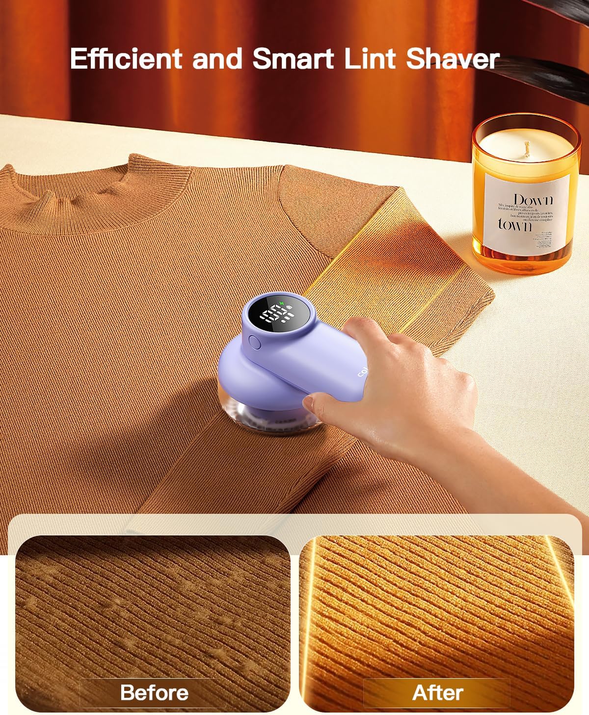 coldSky Rechargeable Fabric Shaver, Lint Shaver with Digital Display, Sweater Shaver with 6-Leaf Blades and Safety Lock, 3-Speeds Defuzzer Remove Fuzz, Pills from Clothes, Furniture, Blanket Purple