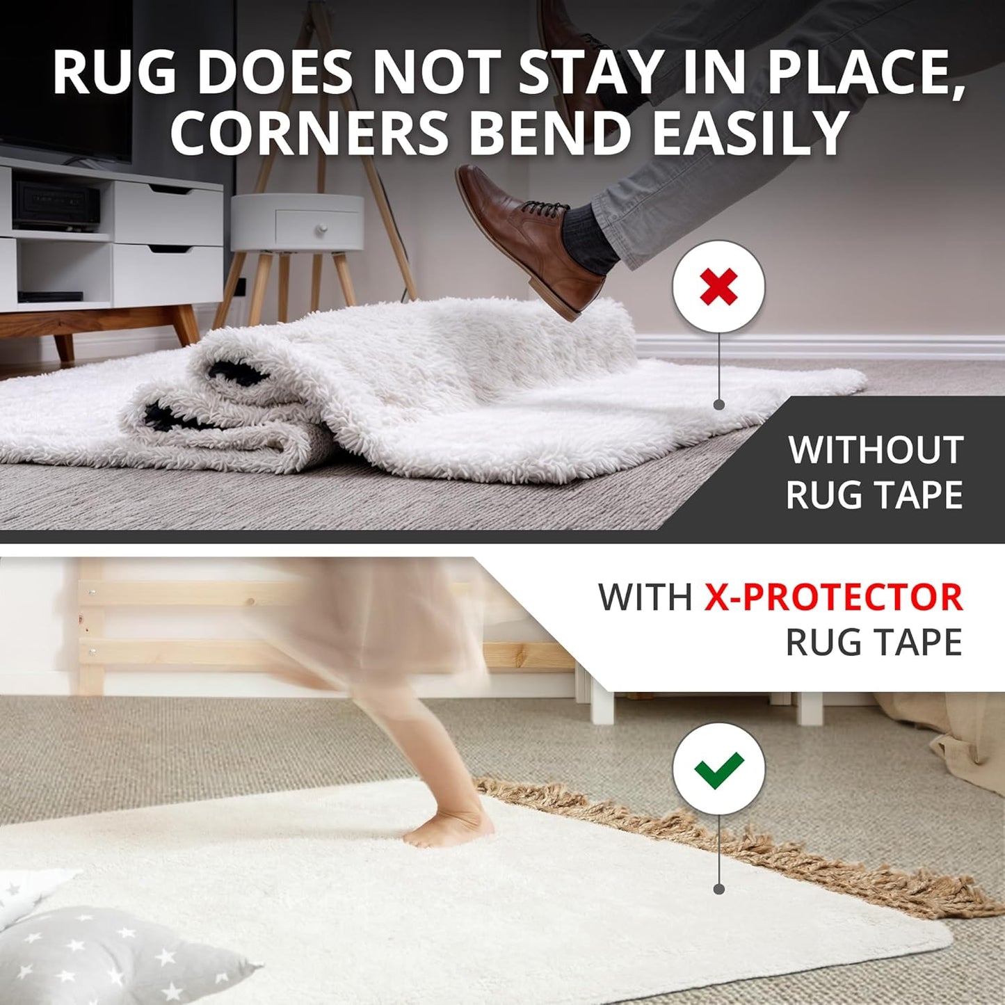 X-Protector Rug Tape for Carpet - 16 Pcs Set - White Anti-Slip & Anti-Curling Carpet Tape for Rugs - Premium Rug Pad Gripper - Ideal Carpet Corner Grippers to Keep Your Rugs & Make Corners Flat