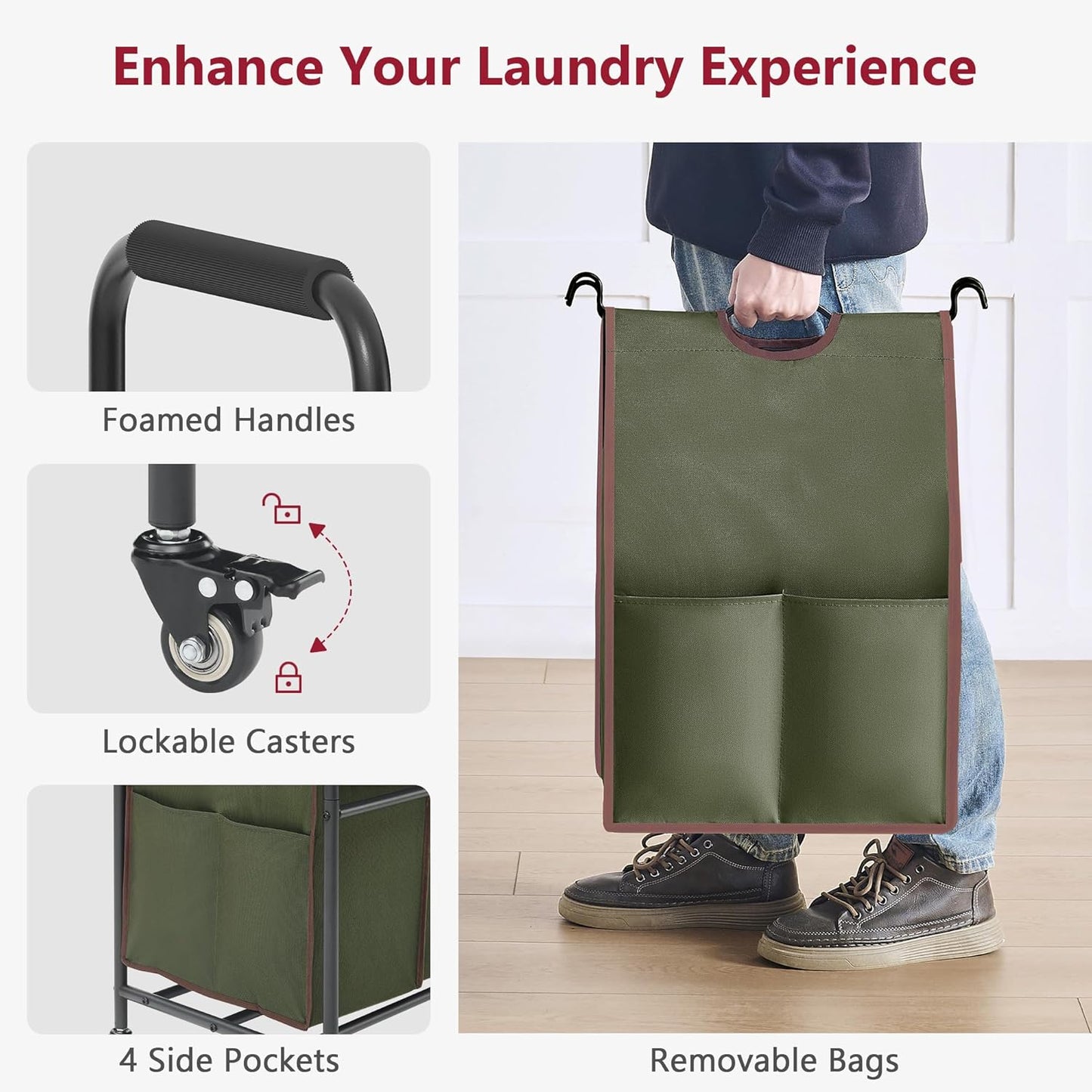 Tajsoon 5 Sections Laundry Sorter, Laundry Hamper with Heavy Duty Lockable Wheels and Removable Bags, 5 Bag Laundry Sorter Cart for Dirty Clothes Storage, Laundry Separator Hamper, Green