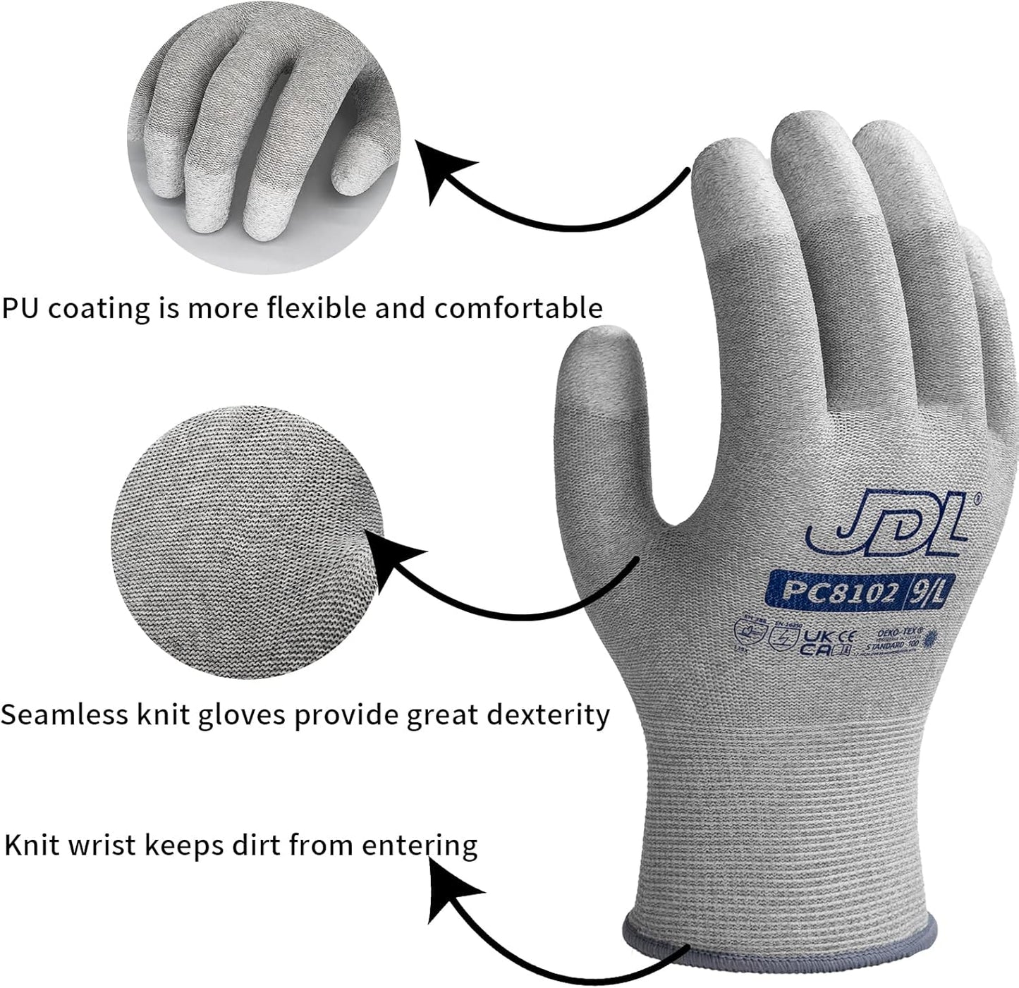 JDL ESD Work Gloves, Anti-Static Gloves for PC Building, 36 pairs, Computer Installation & Repair, High Resistance Carbon Fiber Gloves, Large