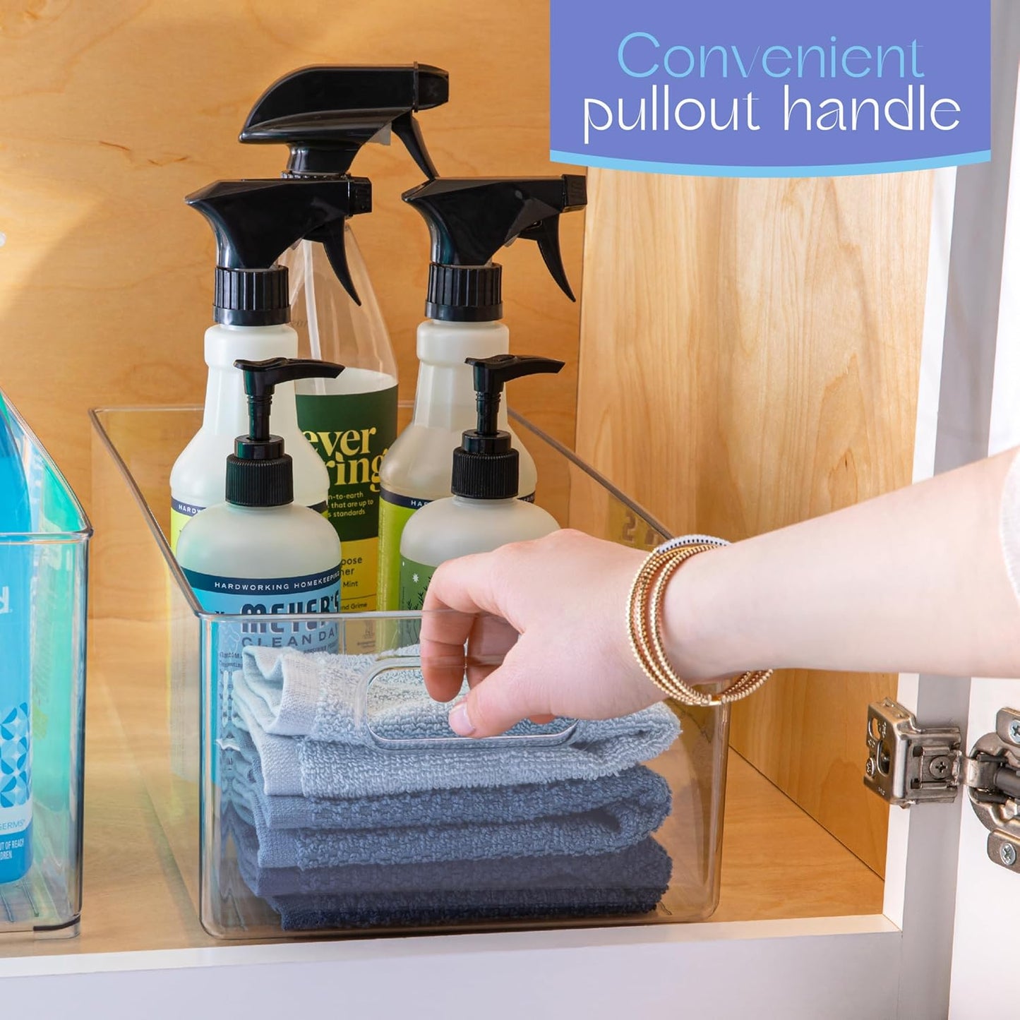 Plastic Food Storage 2 Pack Clear Container Bin with Handles for Organizing Kitchen, Pantry, Refrigerator, Freezer, Pantry, Cabinet, Closet, Bathroom. 14”x8”x5”