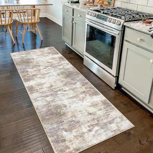 IOHOUZE Abstract Runner Rug 2x7 Ft Washable Runners for Hallways, Non Slip Kitchen Runner Printed Faux Wool Entryway Runners Indoor, Modern Abstract Floor Carpet for Hall Kitchen Bedroom, Beige Brown