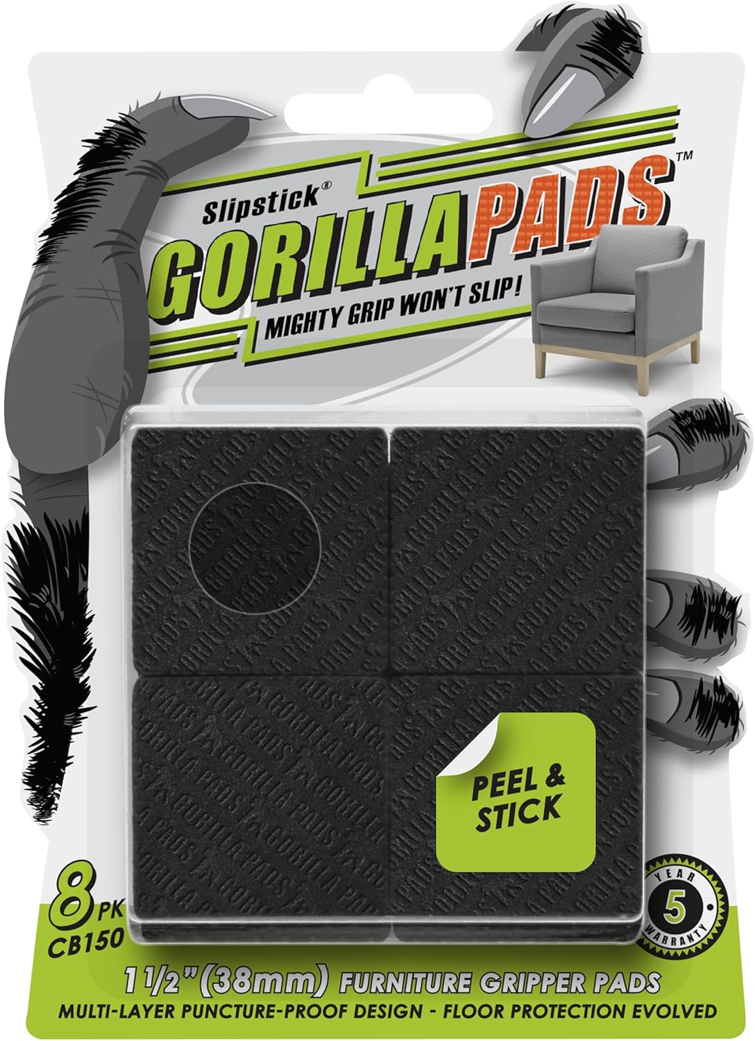 Slipstick GorillaPads CB150 Non Slip Furniture Pads/Rubber Grips (Set of 8) Self Adhesive Furniture Feet Floor Protectors, 1-1/2 inch Square, Black